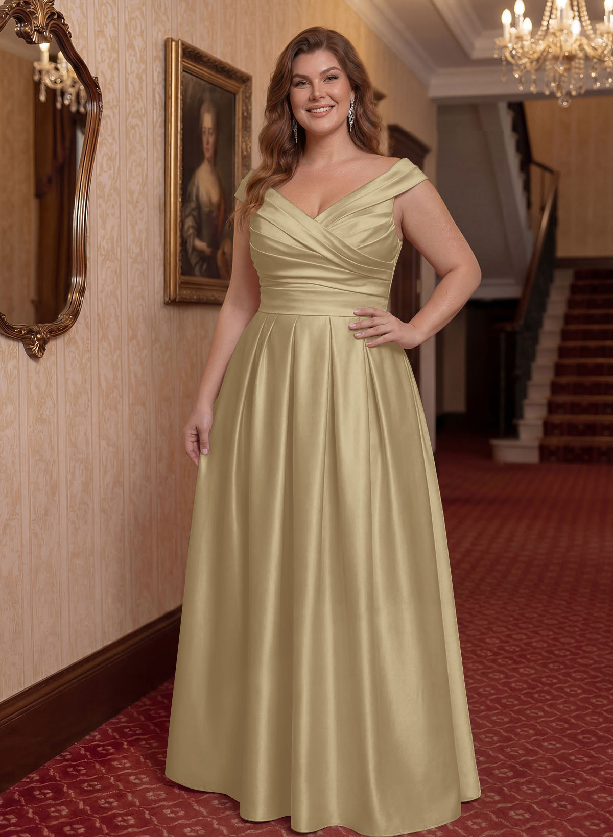 Elegant A-Line V-Neck Ruched Waist Floor-Length Satin Mother Of The Bride Dresses