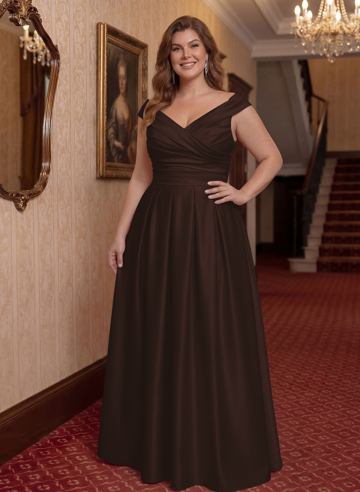 Elegant A-Line V-Neck Ruched Waist Floor-Length Satin Mother Of The Bride Dresses