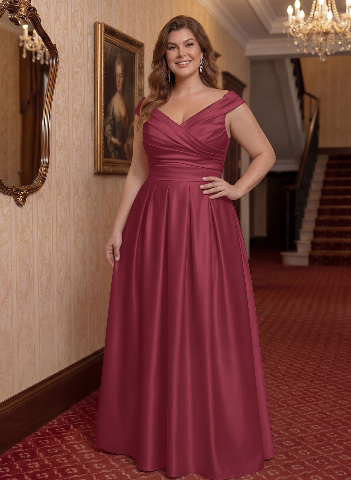 Elegant A-Line V-Neck Ruched Waist Floor-Length Satin Mother Of The Bride Dresses