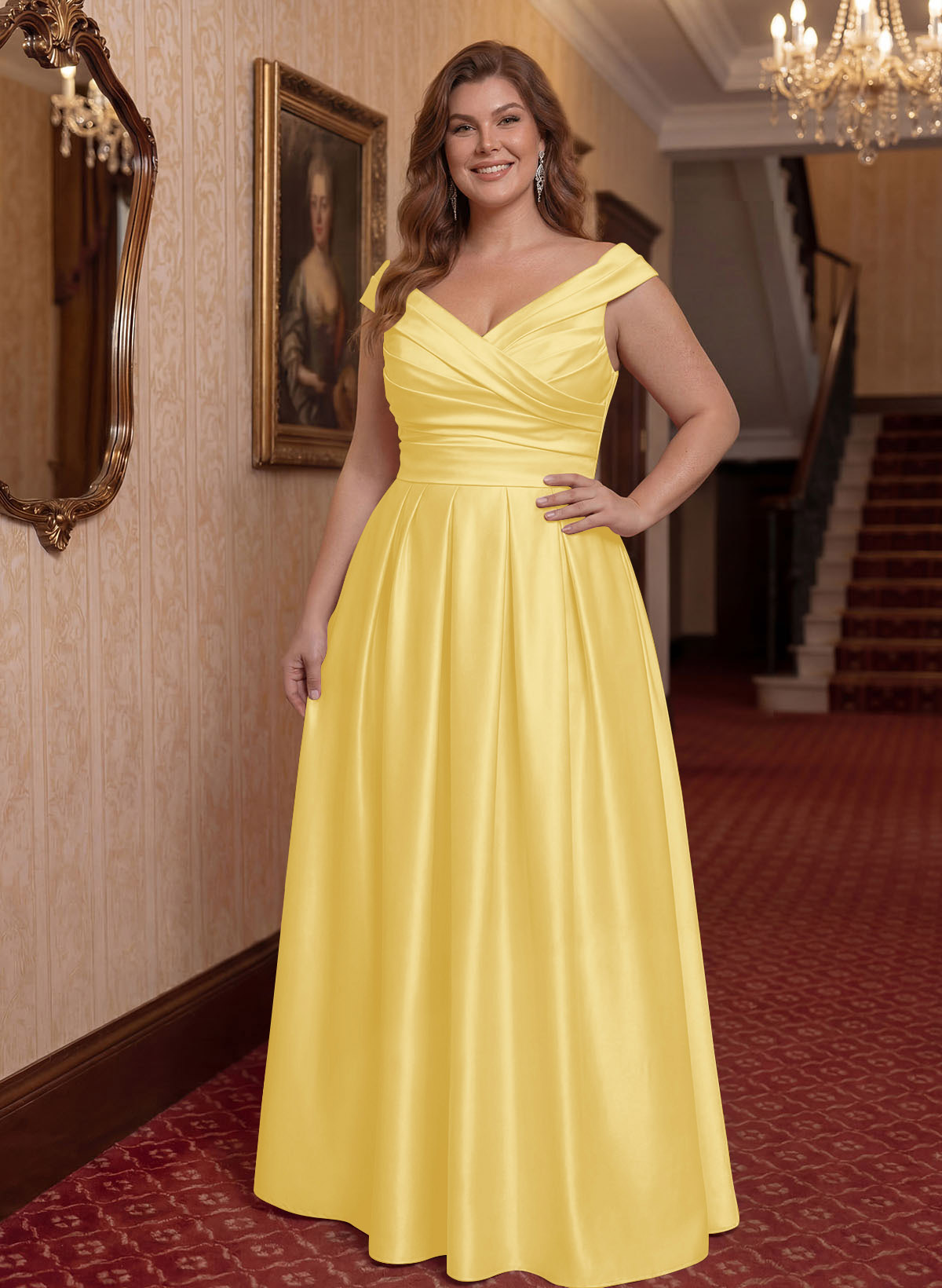 Elegant A-Line V-Neck Ruched Waist Floor-Length Satin Mother Of The Bride Dresses