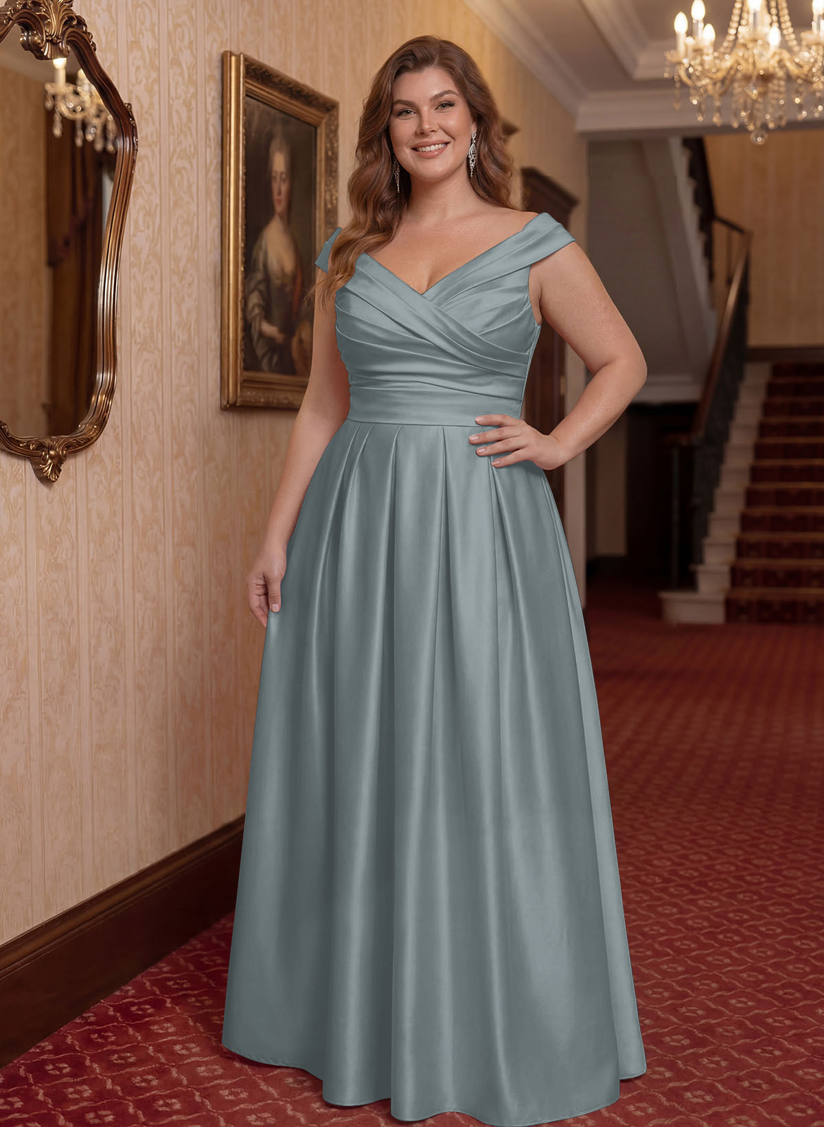 Elegant A-Line V-Neck Ruched Waist Floor-Length Satin Mother Of The Bride Dresses