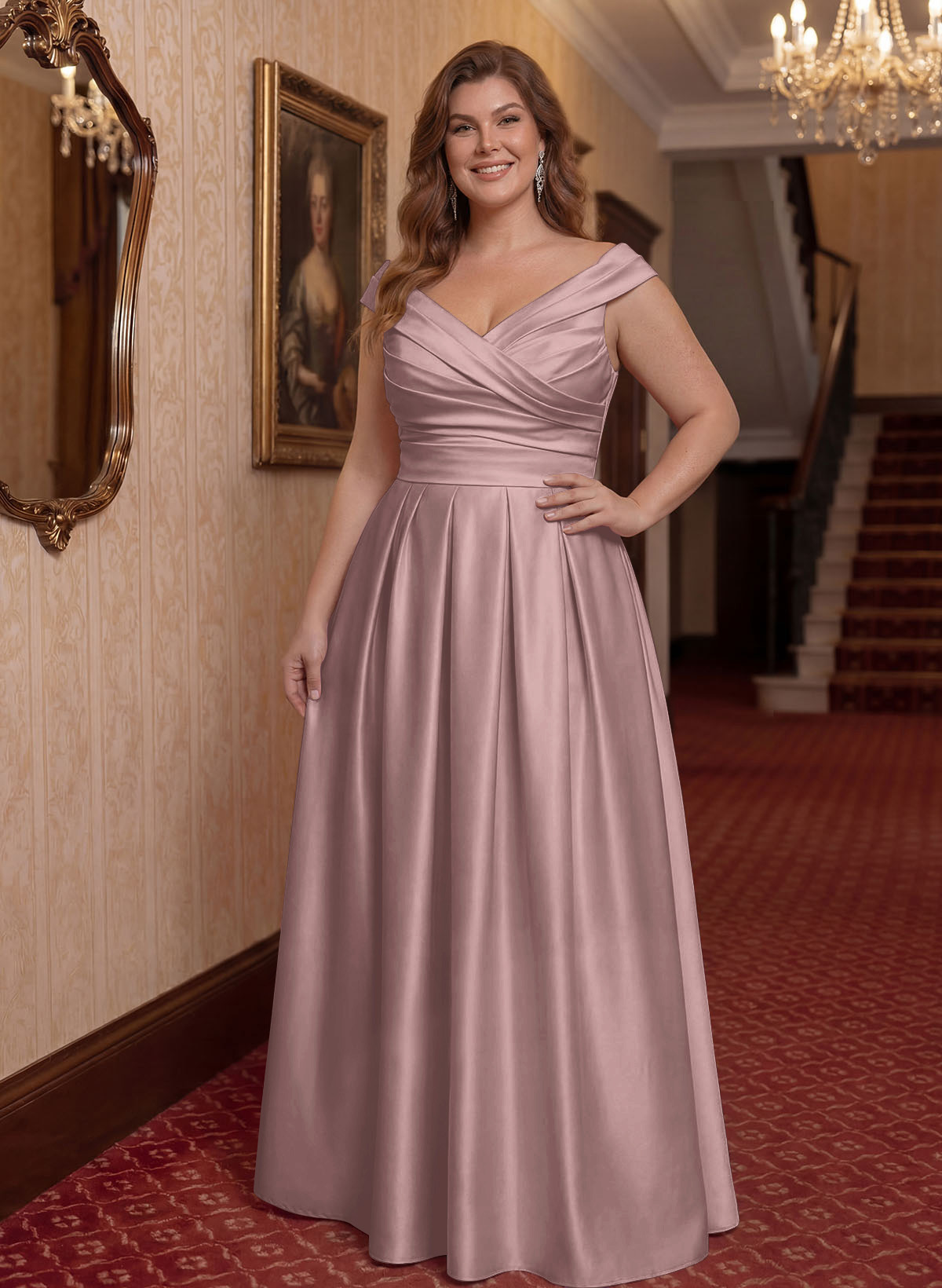 Elegant A-Line V-Neck Ruched Waist Floor-Length Satin Mother Of The Bride Dresses