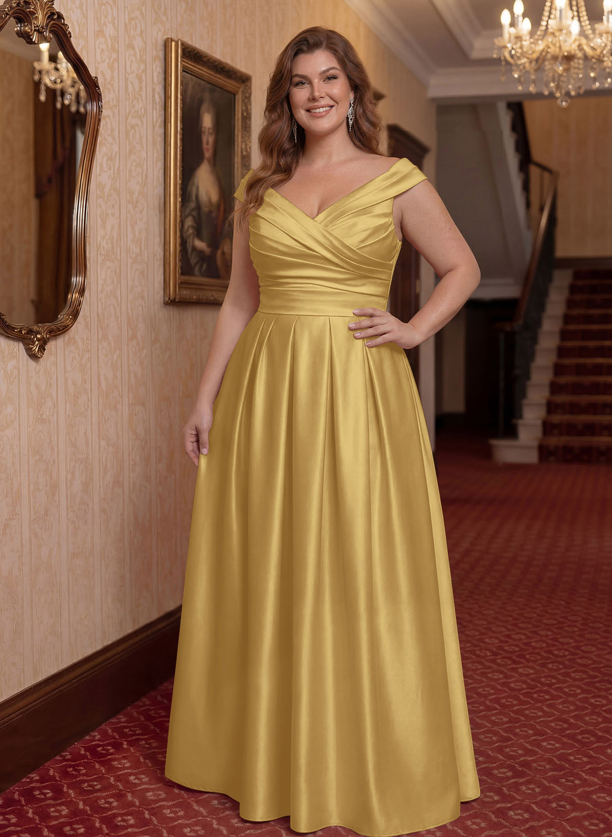 Elegant A-Line V-Neck Ruched Waist Floor-Length Satin Mother Of The Bride Dresses