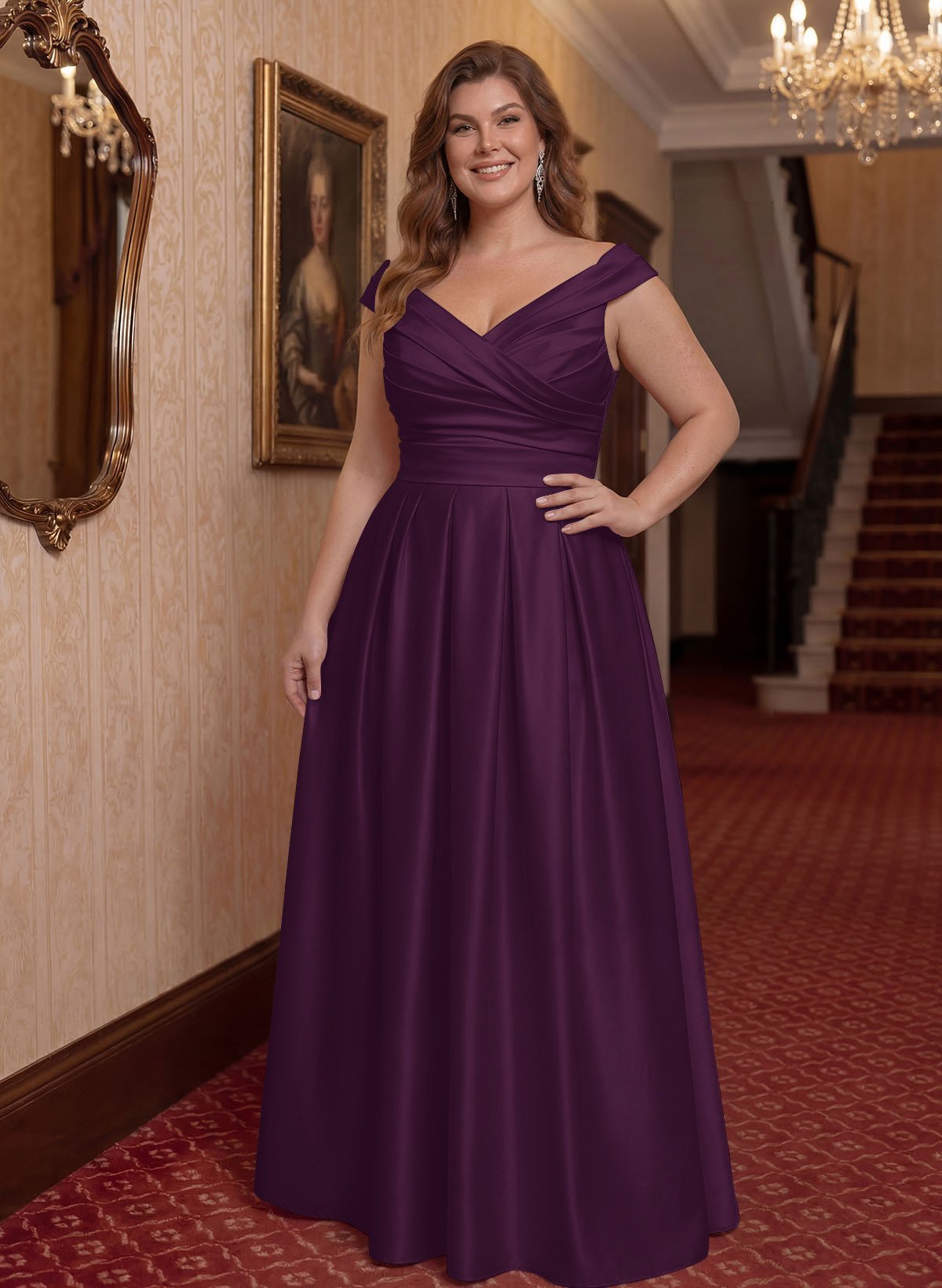 Elegant A-Line V-Neck Ruched Waist Floor-Length Satin Mother Of The Bride Dresses