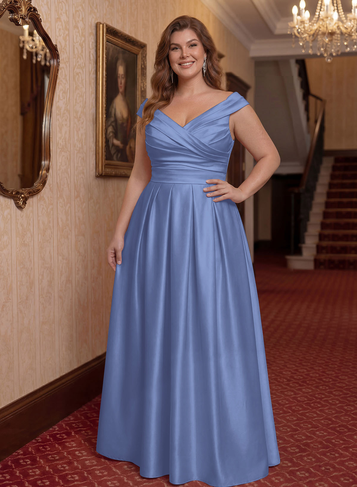 Elegant A-Line V-Neck Ruched Waist Floor-Length Satin Mother Of The Bride Dresses