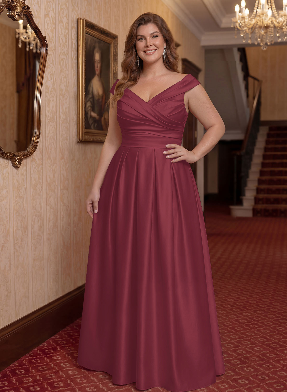 Elegant A-Line V-Neck Ruched Waist Floor-Length Satin Mother Of The Bride Dresses