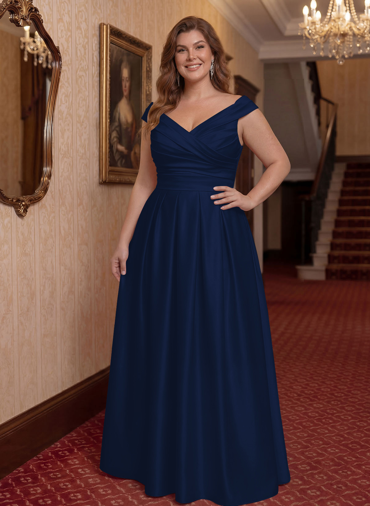 Elegant A-Line V-Neck Ruched Waist Floor-Length Satin Mother Of The Bride Dresses