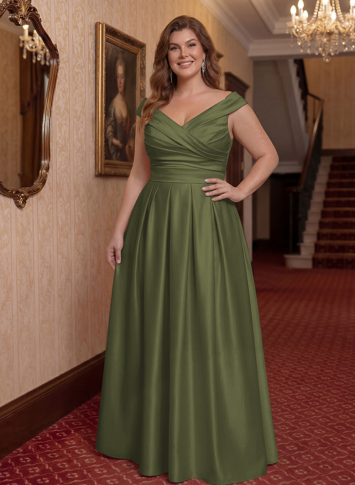 Elegant A-Line V-Neck Ruched Waist Floor-Length Satin Mother Of The Bride Dresses