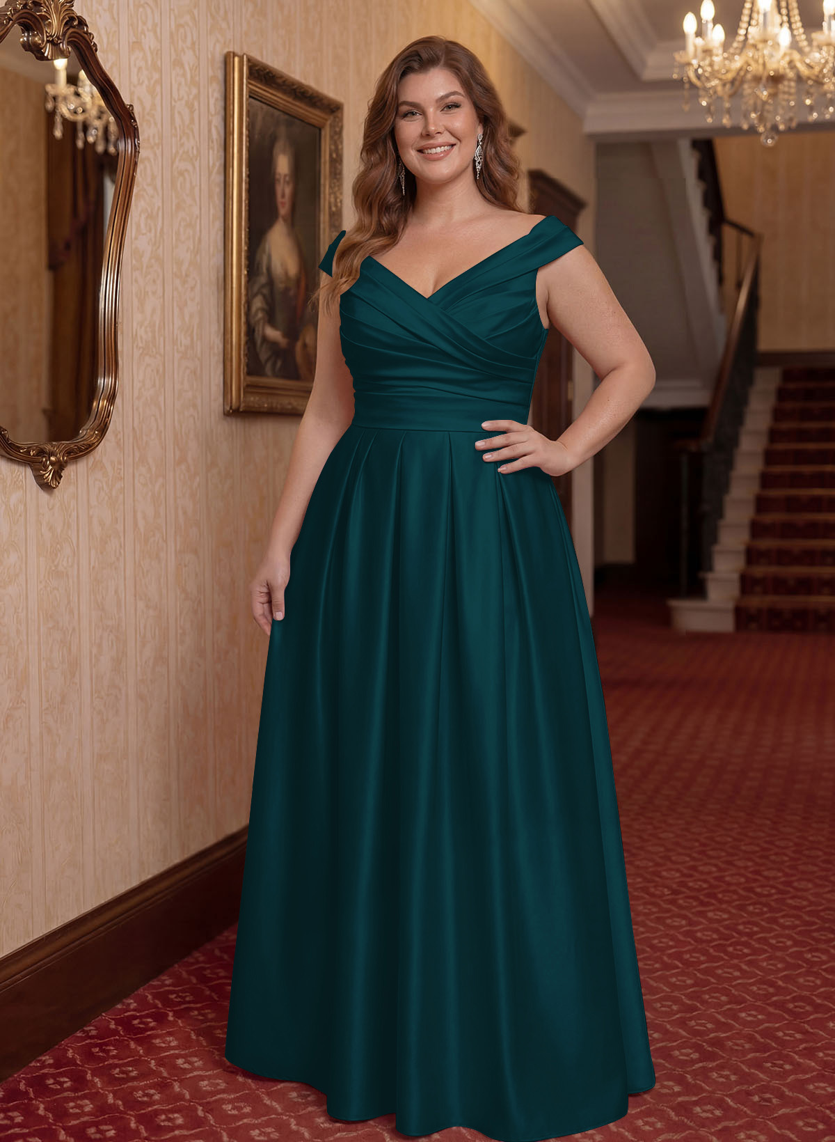 Elegant A-Line V-Neck Ruched Waist Floor-Length Satin Mother Of The Bride Dresses