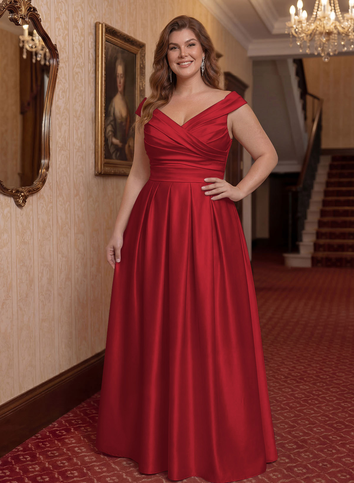 Elegant A-Line V-Neck Ruched Waist Floor-Length Satin Mother Of The Bride Dresses