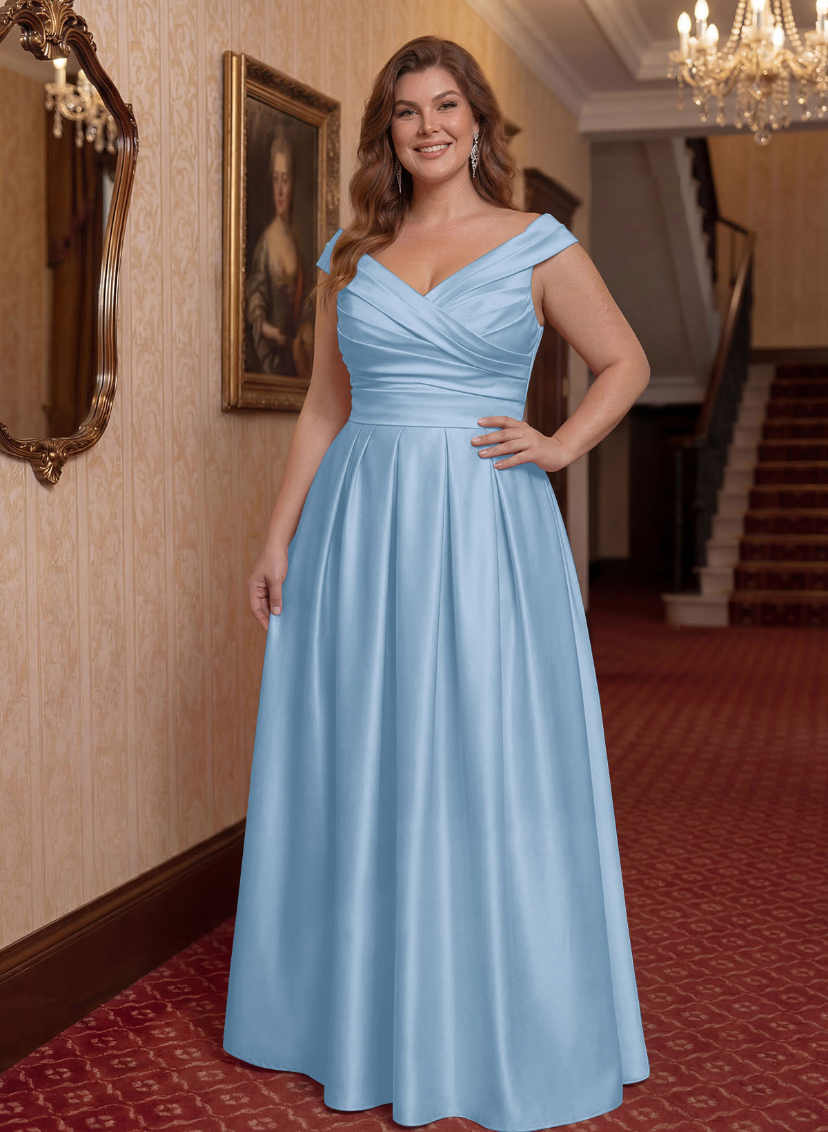 Elegant A-Line V-Neck Ruched Waist Floor-Length Satin Mother Of The Bride Dresses