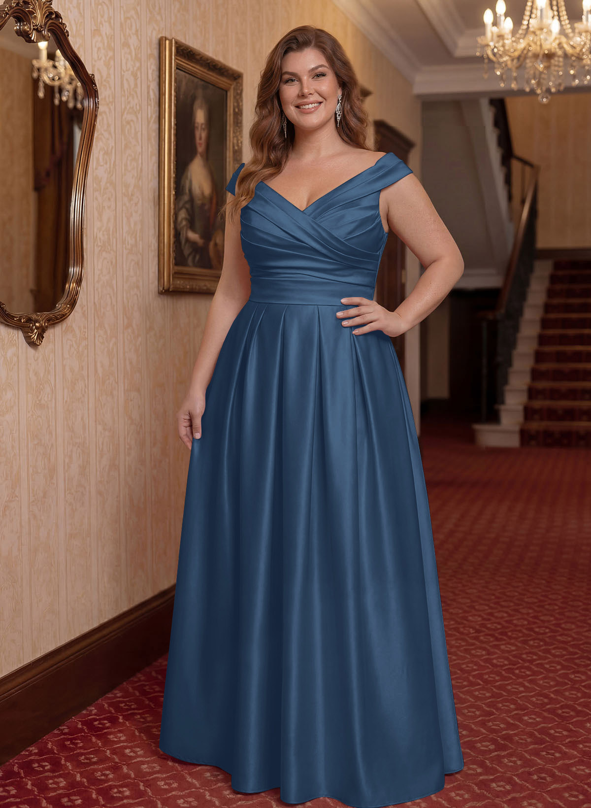 Elegant A-Line V-Neck Ruched Waist Floor-Length Satin Mother Of The Bride Dresses