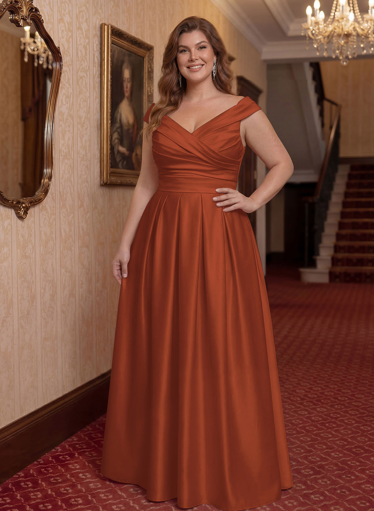 Elegant A-Line V-Neck Ruched Waist Floor-Length Satin Mother Of The Bride Dresses