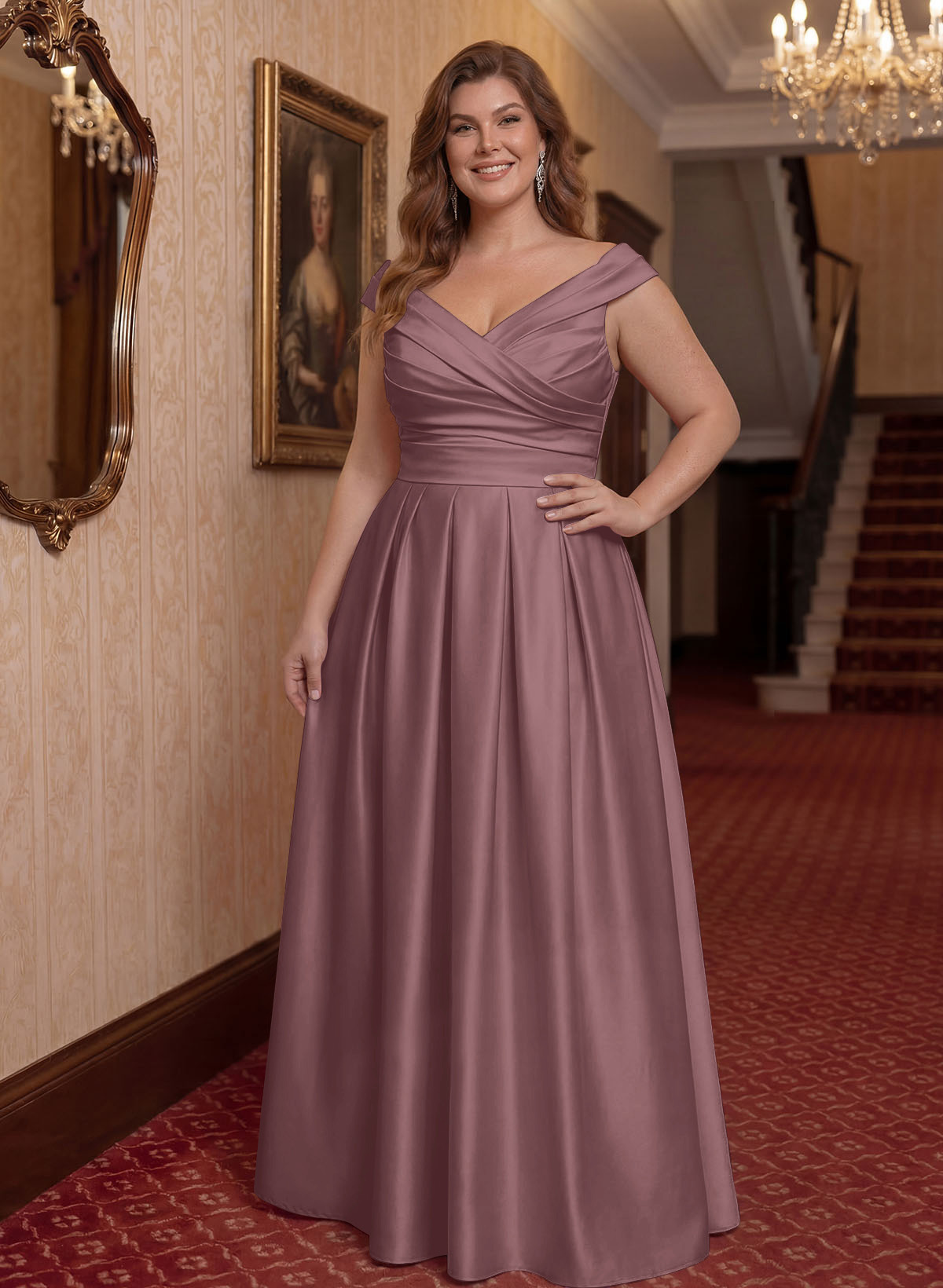 Elegant A-Line V-Neck Ruched Waist Floor-Length Satin Mother Of The Bride Dresses