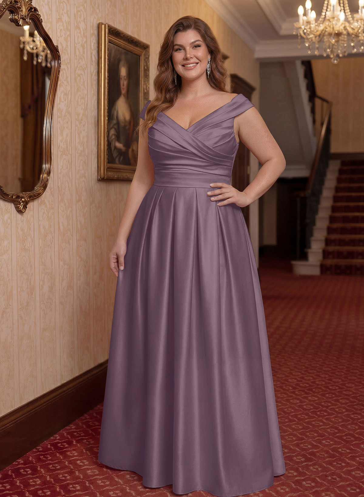 Elegant A-Line V-Neck Ruched Waist Floor-Length Satin Mother Of The Bride Dresses