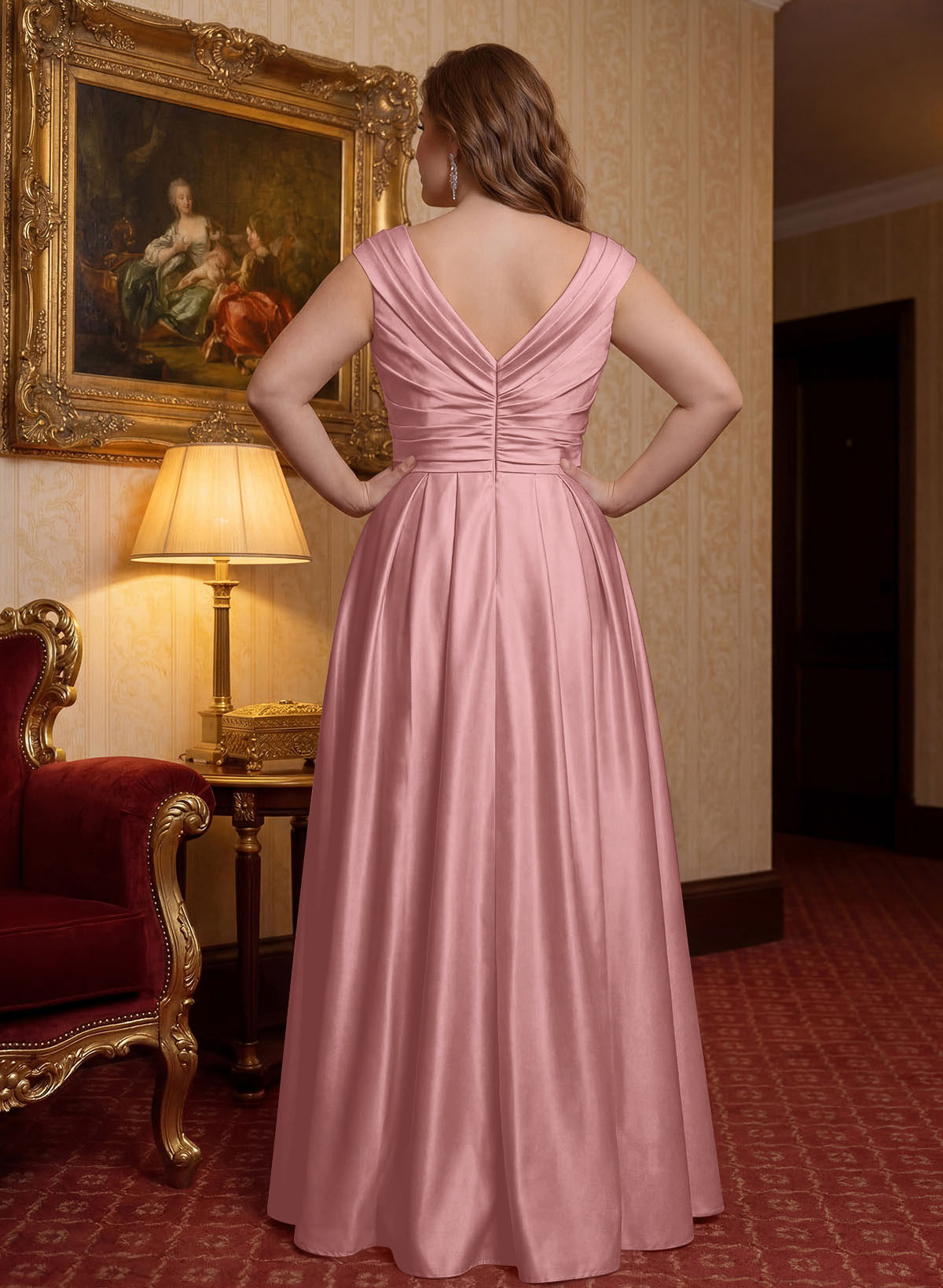 Elegant A-Line V-Neck Ruched Waist Floor-Length Satin Mother Of The Bride Dresses