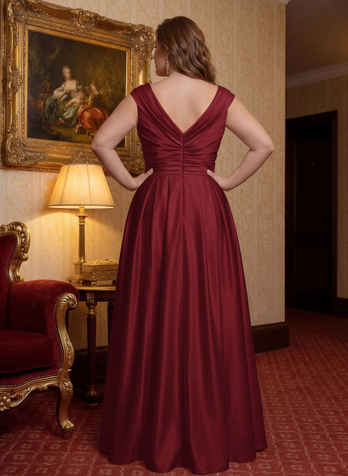 Elegant A-Line V-Neck Ruched Waist Floor-Length Satin Mother Of The Bride Dresses