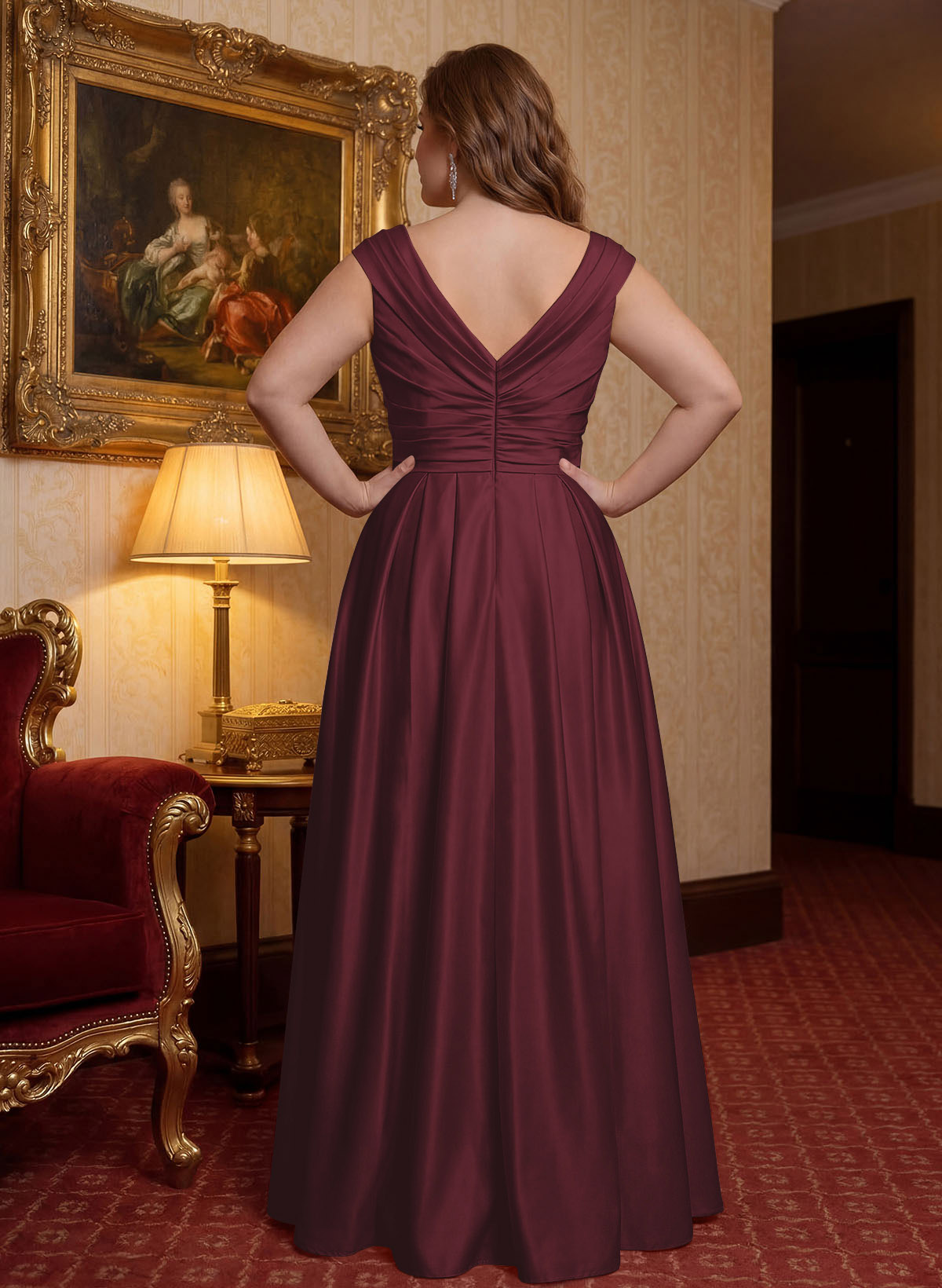 Elegant A-Line V-Neck Ruched Waist Floor-Length Satin Mother Of The Bride Dresses