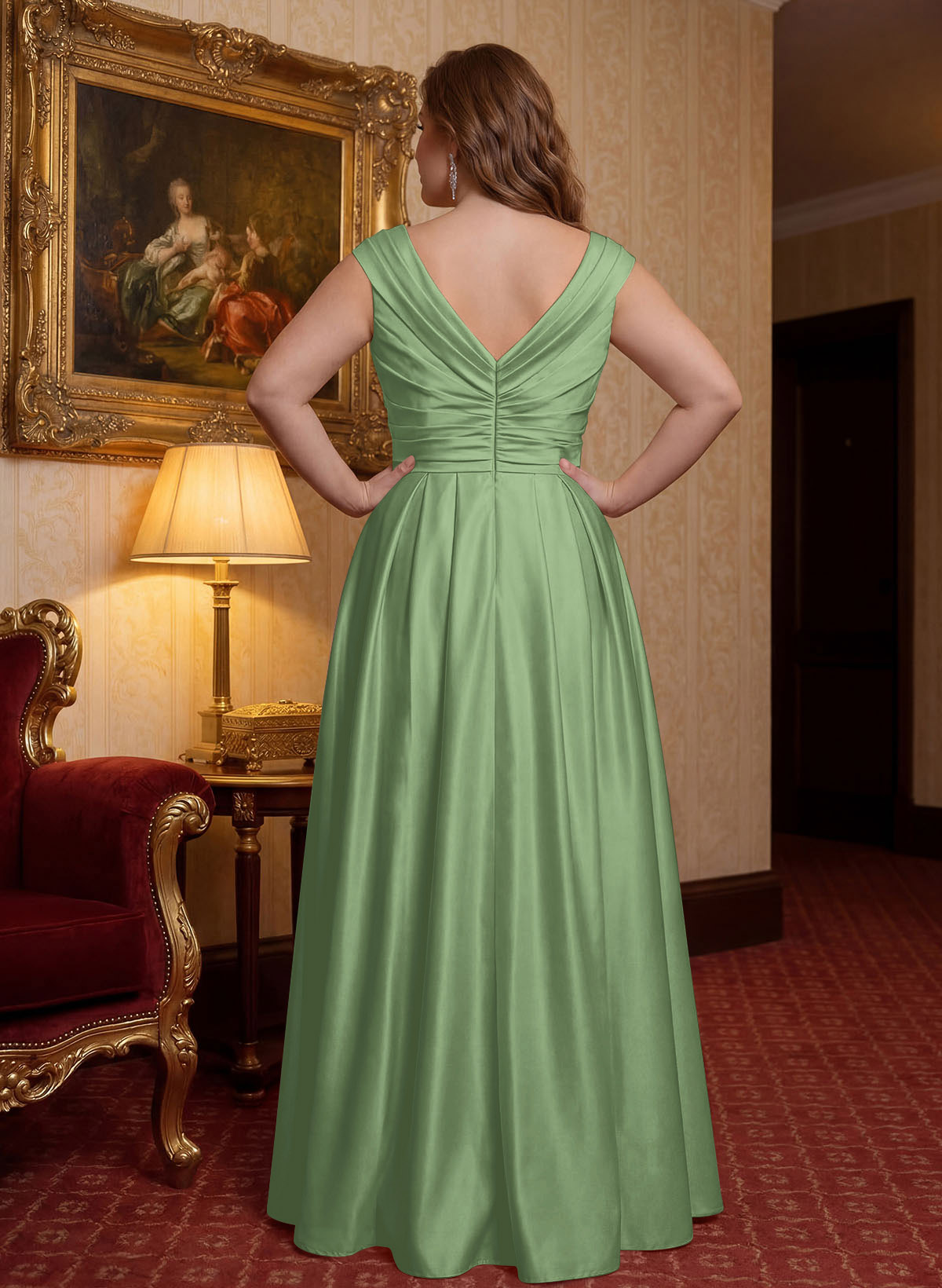Elegant A-Line V-Neck Ruched Waist Floor-Length Satin Mother Of The Bride Dresses