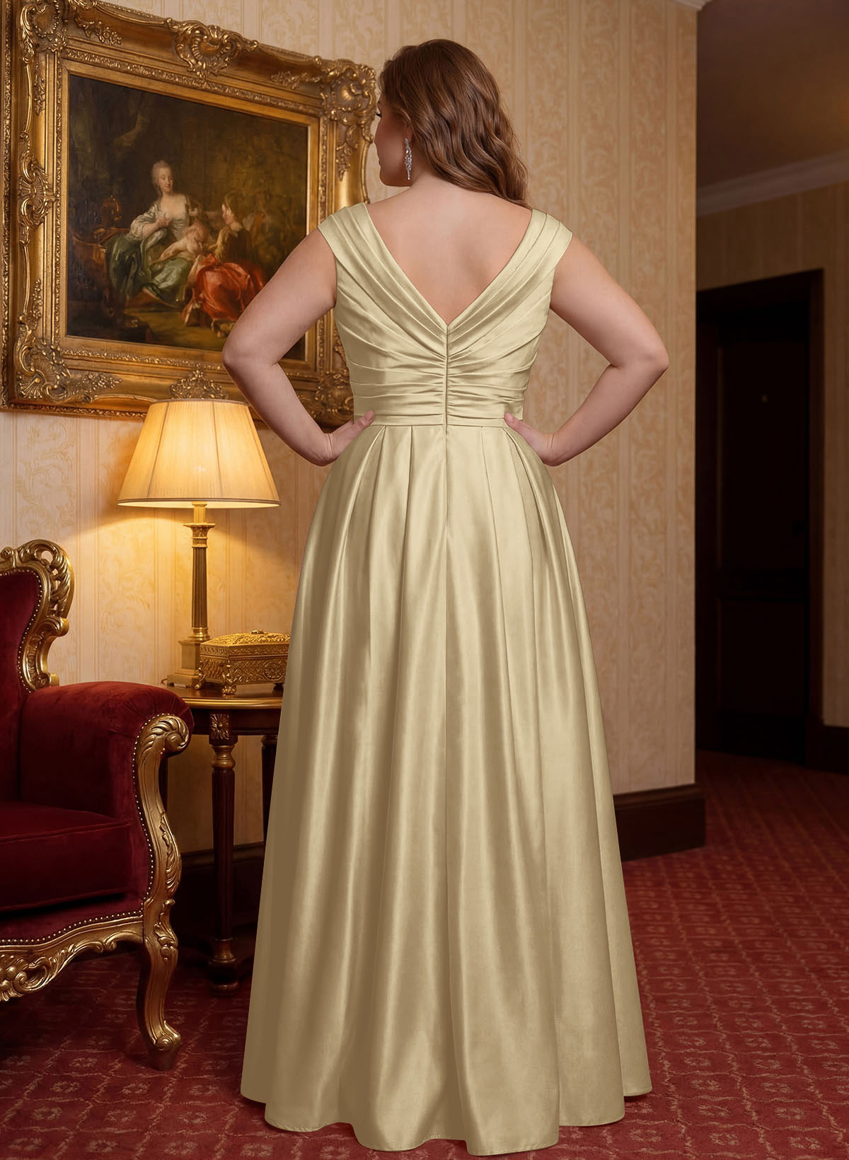 Elegant A-Line V-Neck Ruched Waist Floor-Length Satin Mother Of The Bride Dresses
