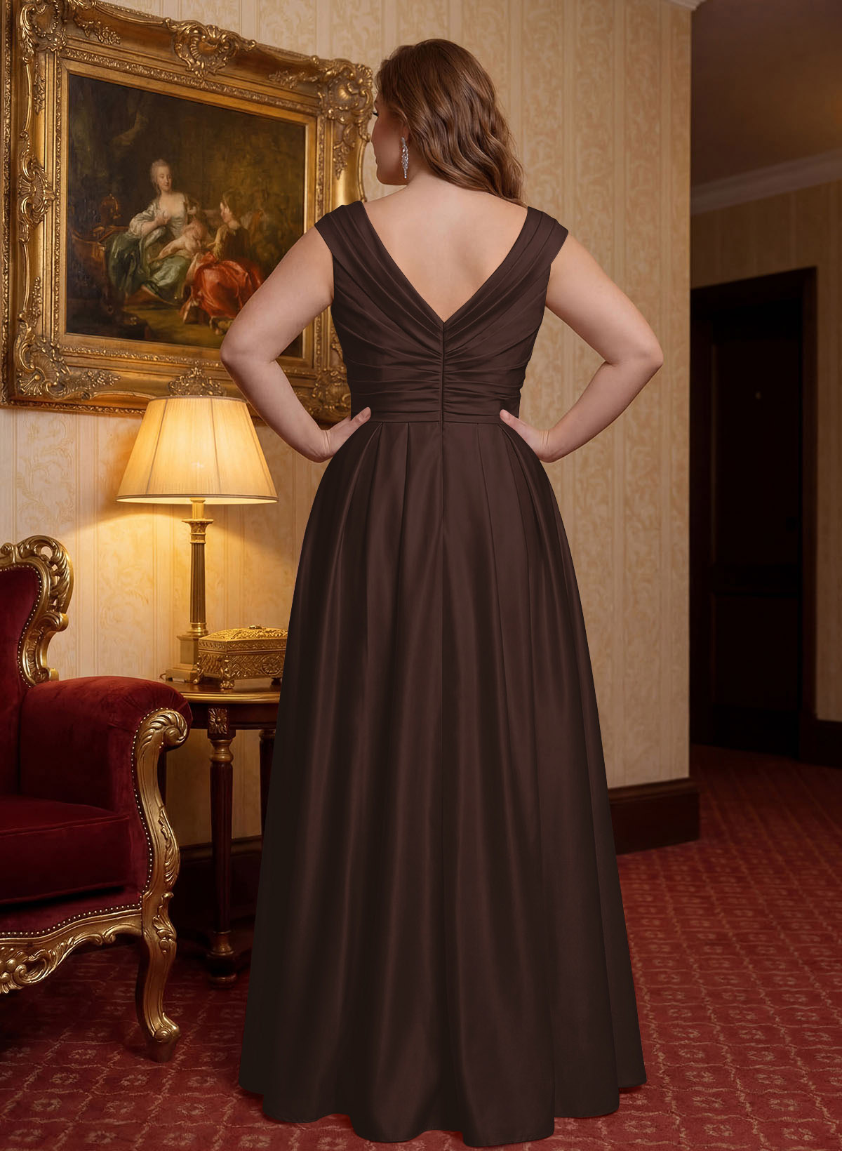 Elegant A-Line V-Neck Ruched Waist Floor-Length Satin Mother Of The Bride Dresses