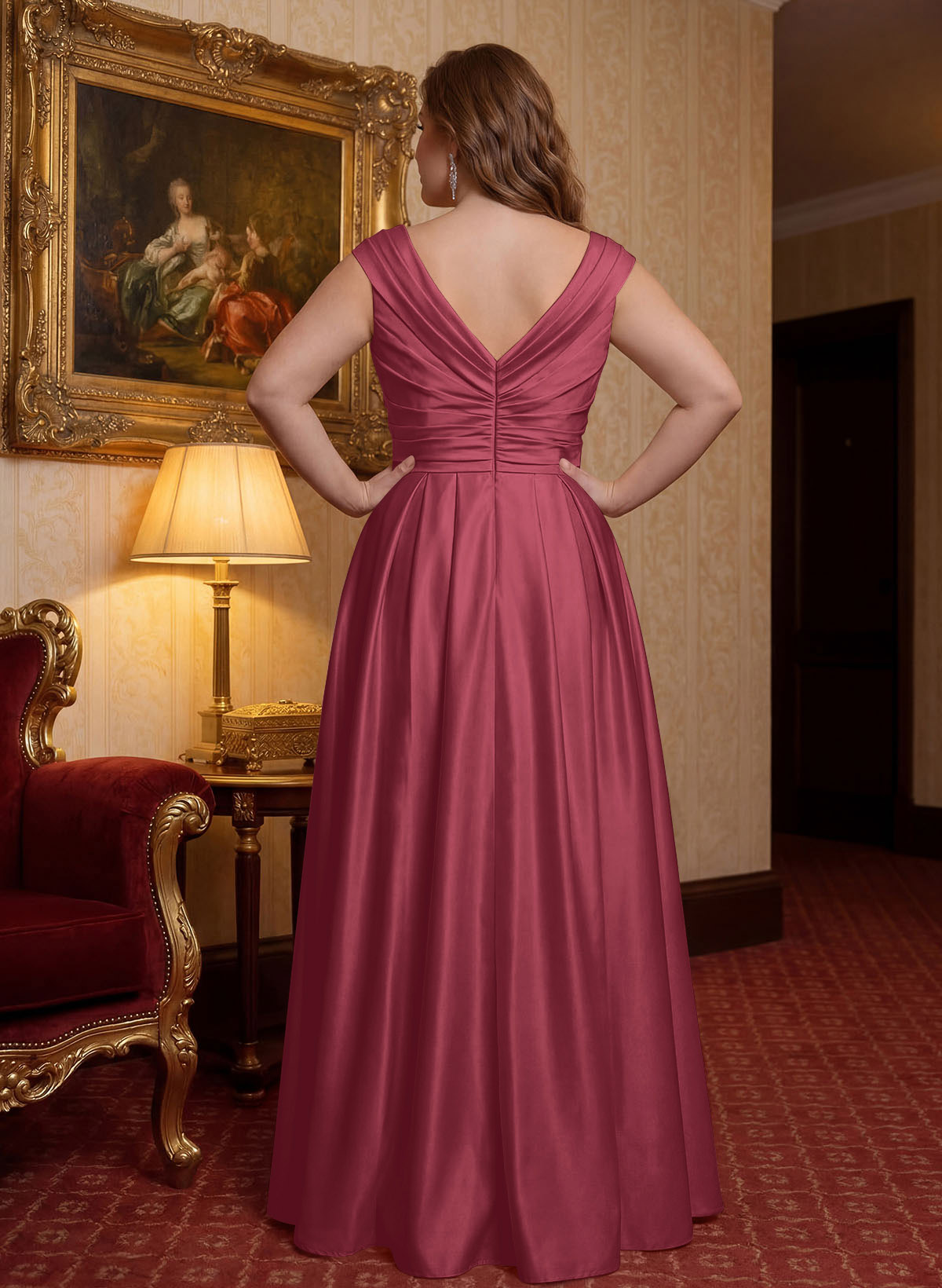 Elegant A-Line V-Neck Ruched Waist Floor-Length Satin Mother Of The Bride Dresses