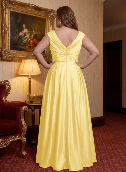 Elegant A-Line V-Neck Ruched Waist Floor-Length Satin Mother Of The Bride Dresses