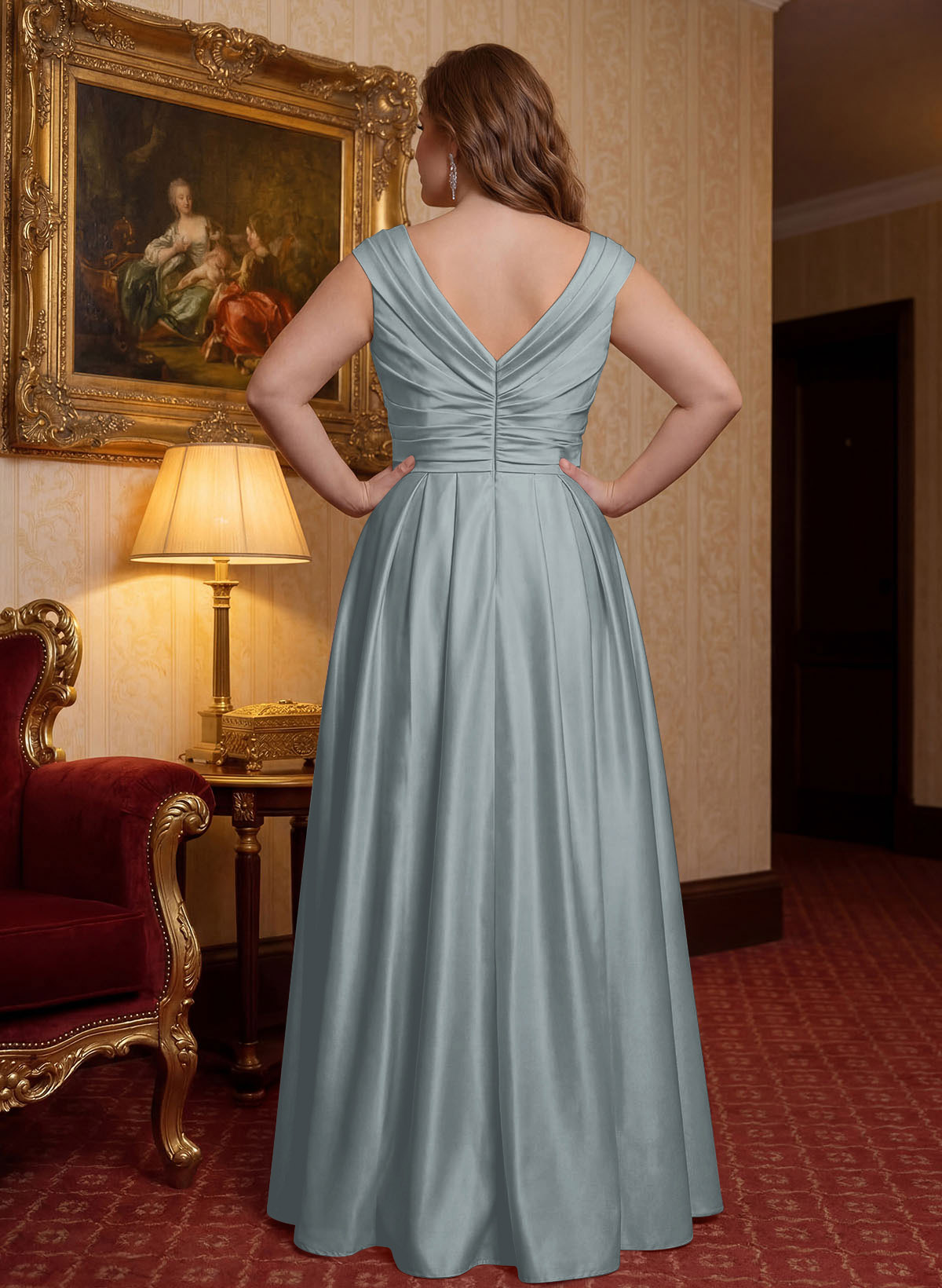 Elegant A-Line V-Neck Ruched Waist Floor-Length Satin Mother Of The Bride Dresses