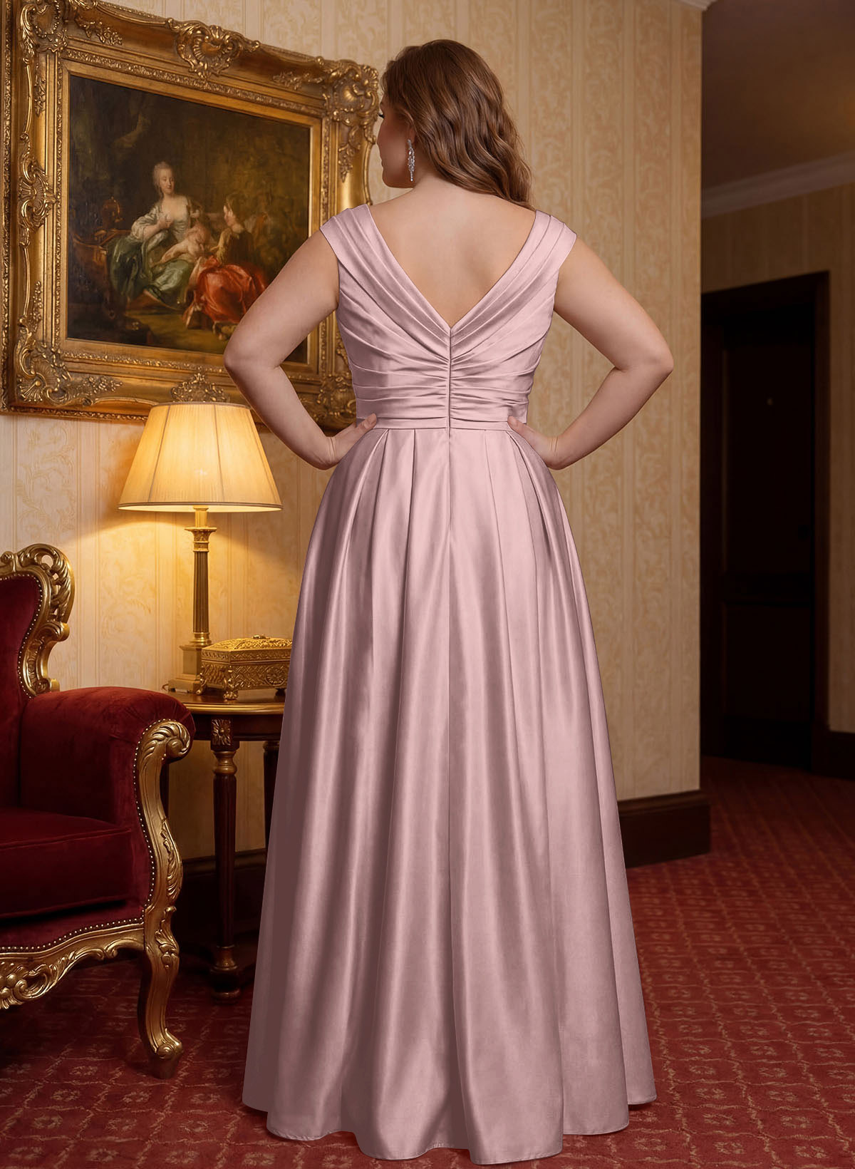Elegant A-Line V-Neck Ruched Waist Floor-Length Satin Mother Of The Bride Dresses