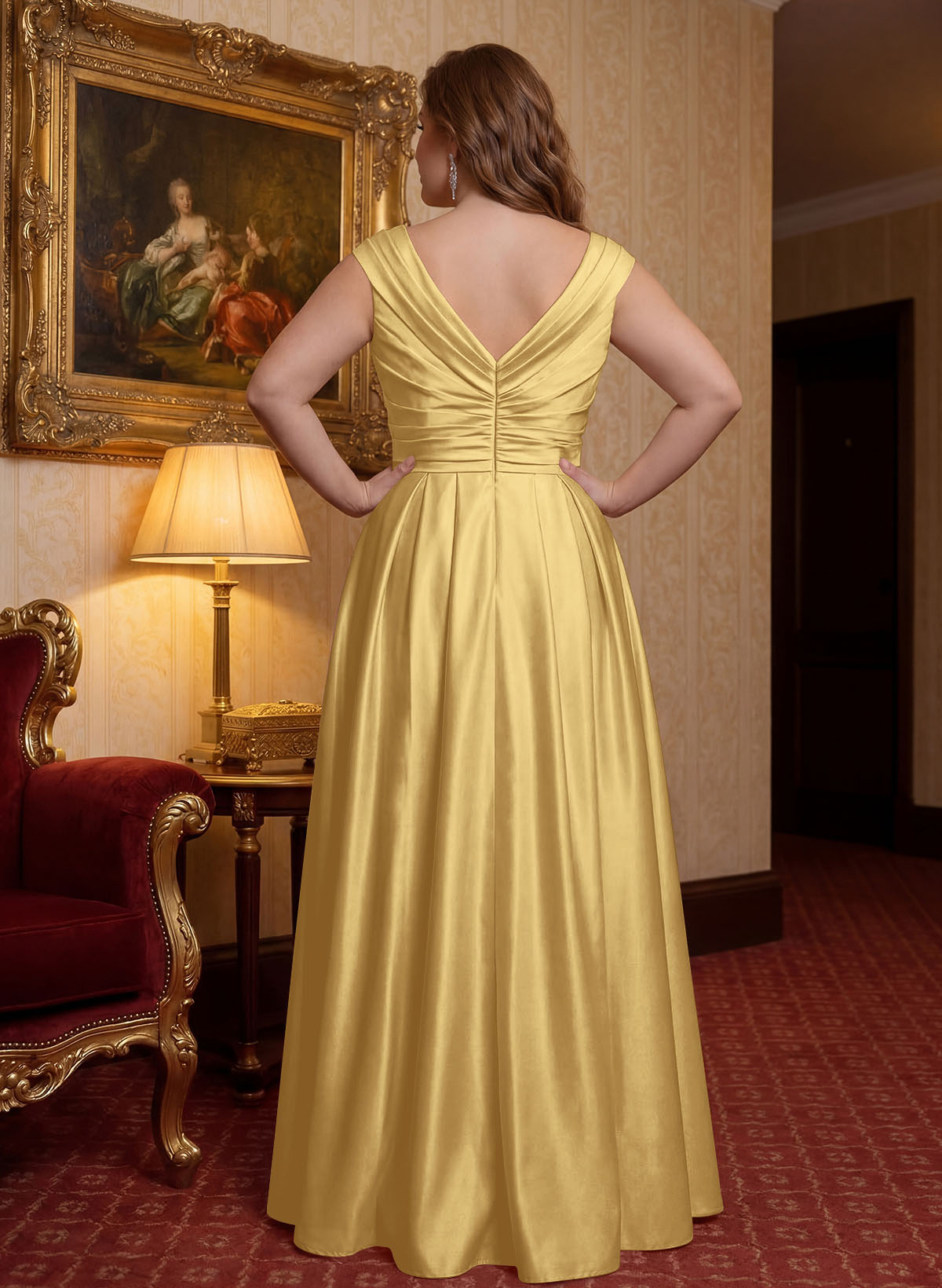 Elegant A-Line V-Neck Ruched Waist Floor-Length Satin Mother Of The Bride Dresses