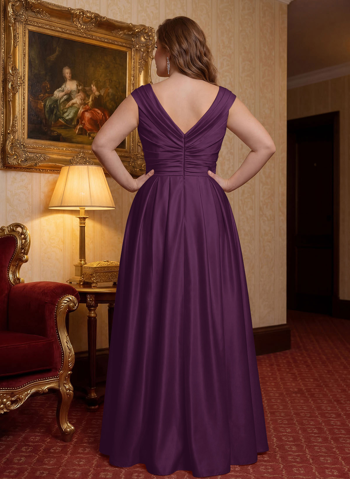 Elegant A-Line V-Neck Ruched Waist Floor-Length Satin Mother Of The Bride Dresses