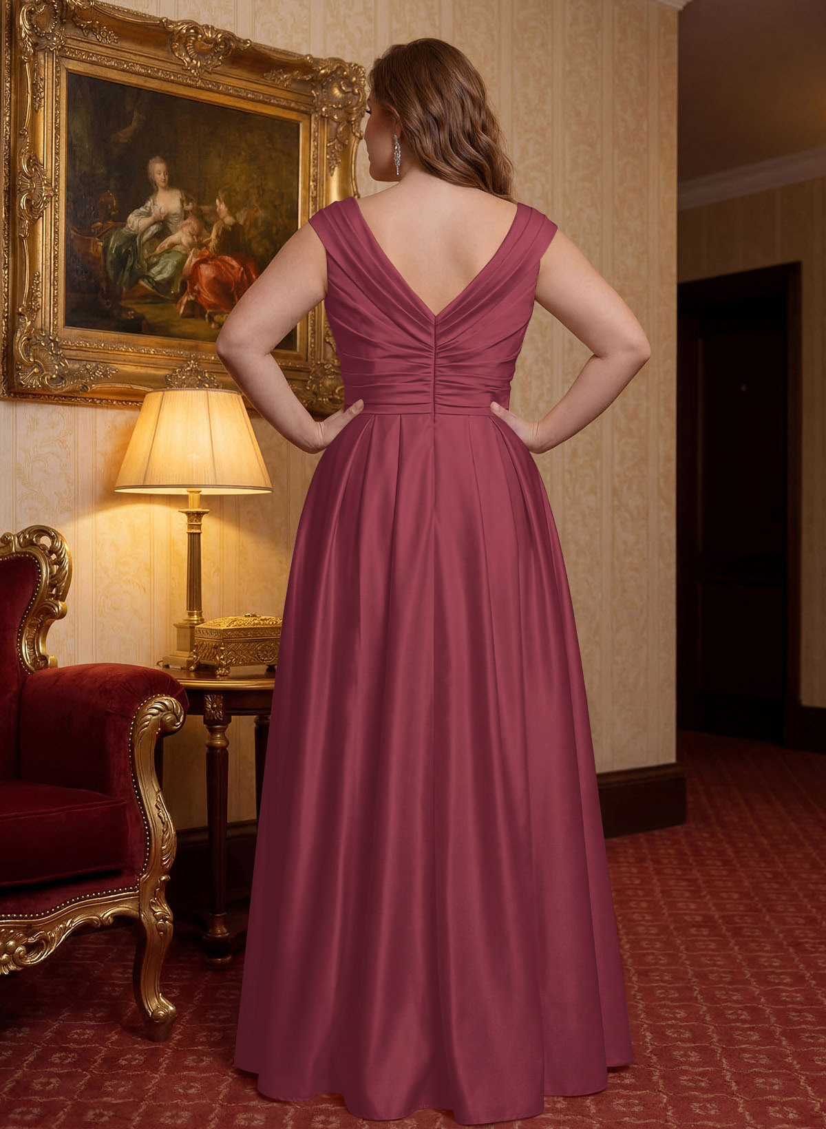 Elegant A-Line V-Neck Ruched Waist Floor-Length Satin Mother Of The Bride Dresses