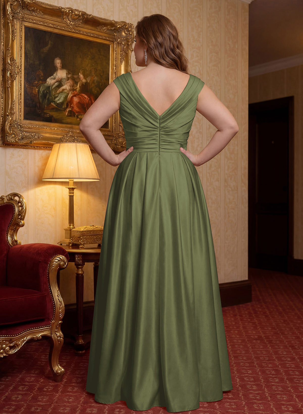 Elegant A-Line V-Neck Ruched Waist Floor-Length Satin Mother Of The Bride Dresses