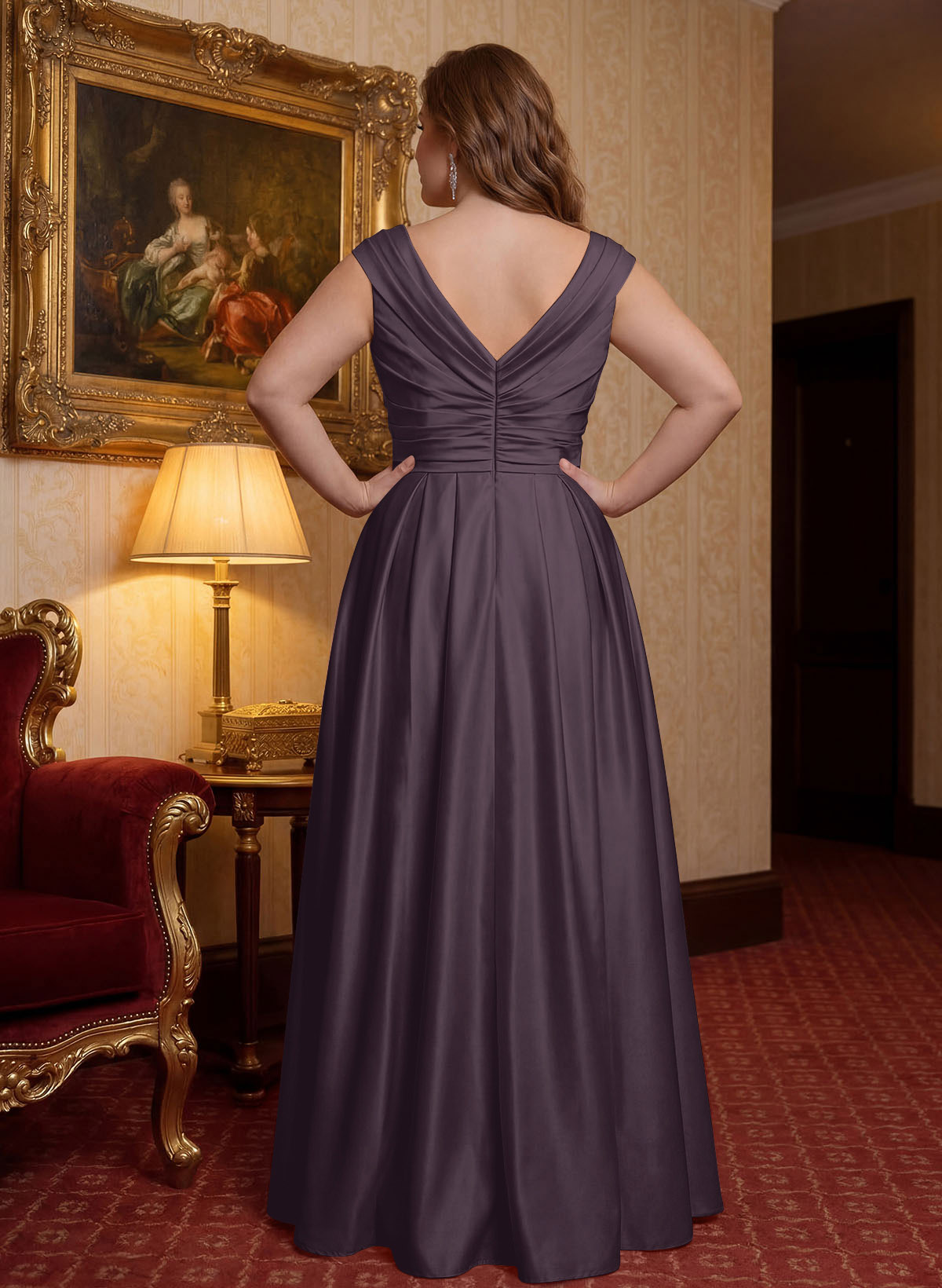 Elegant A-Line V-Neck Ruched Waist Floor-Length Satin Mother Of The Bride Dresses