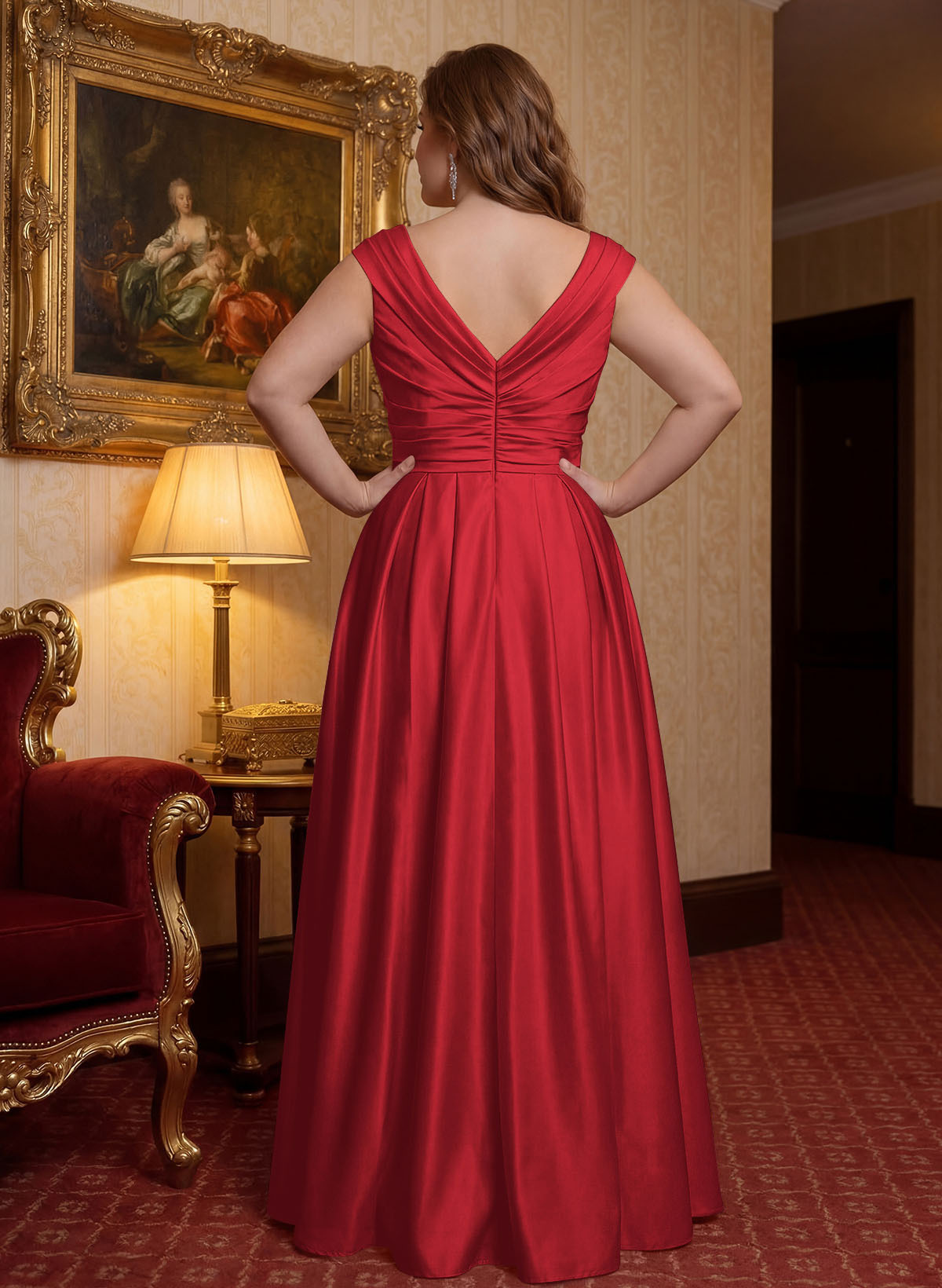 Elegant A-Line V-Neck Ruched Waist Floor-Length Satin Mother Of The Bride Dresses