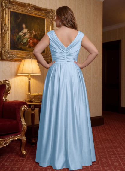 Elegant A-Line V-Neck Ruched Waist Floor-Length Satin Mother Of The Bride Dresses