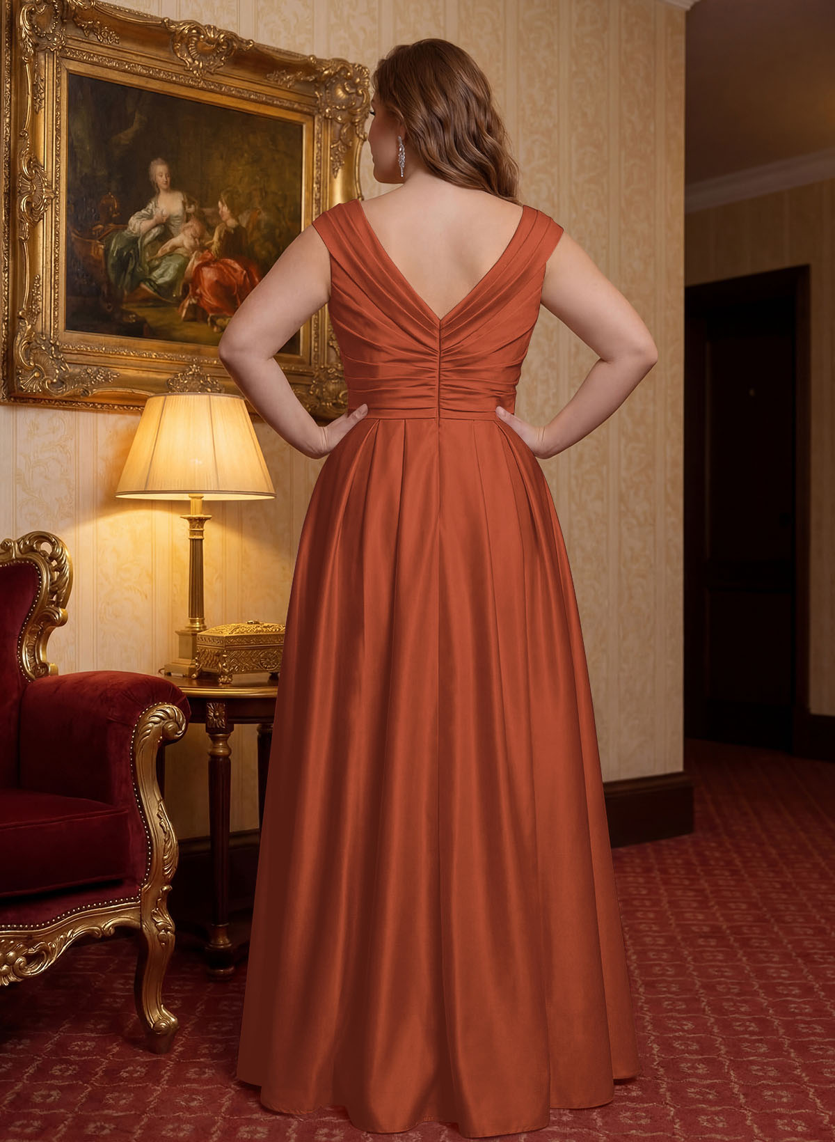 Elegant A-Line V-Neck Ruched Waist Floor-Length Satin Mother Of The Bride Dresses