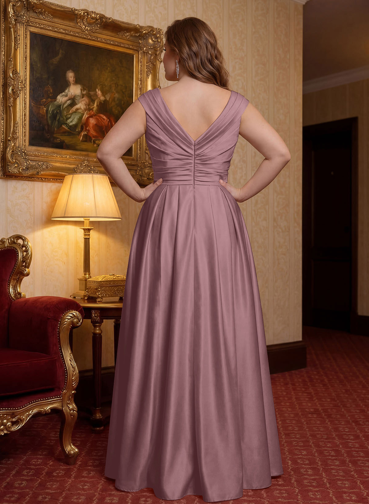 Elegant A-Line V-Neck Ruched Waist Floor-Length Satin Mother Of The Bride Dresses