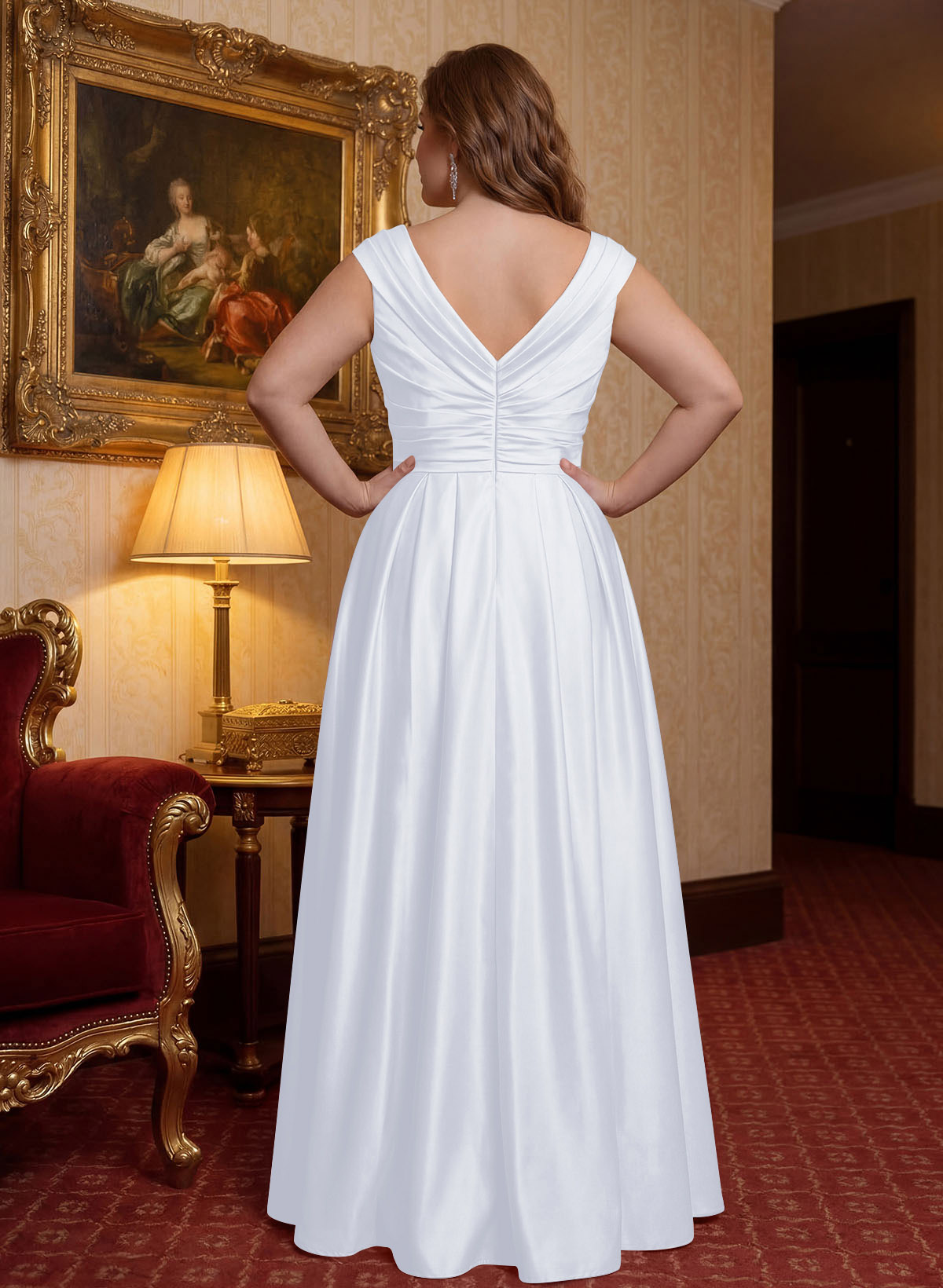 Elegant A-Line V-Neck Ruched Waist Floor-Length Satin Mother Of The Bride Dresses
