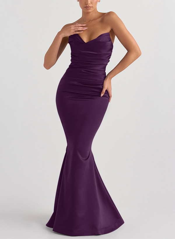 Trumpet/Mermaid V-Neck Sleeveless Floor-Length Matte Satin Bridesmaid Dresses, product image 50