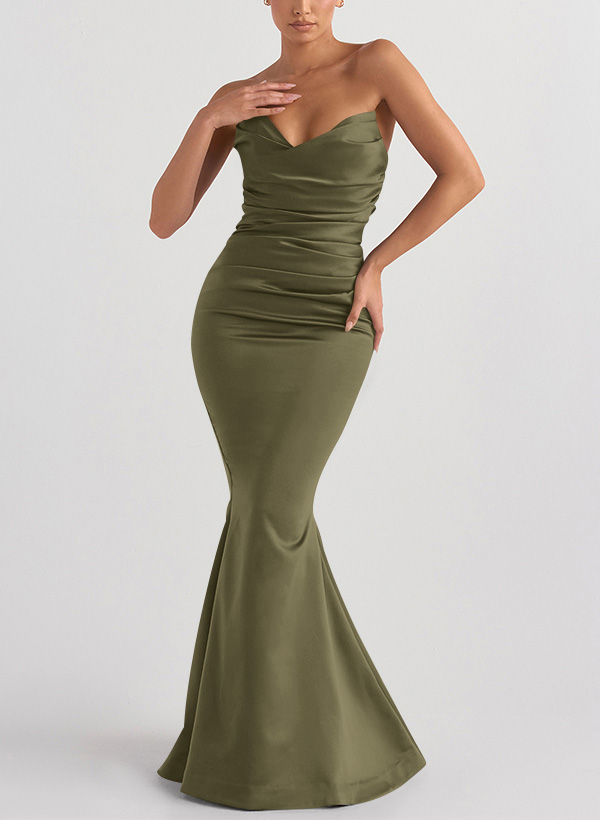Trumpet/Mermaid V-Neck Sleeveless Floor-Length Matte Satin Bridesmaid Dresses, product image 2
