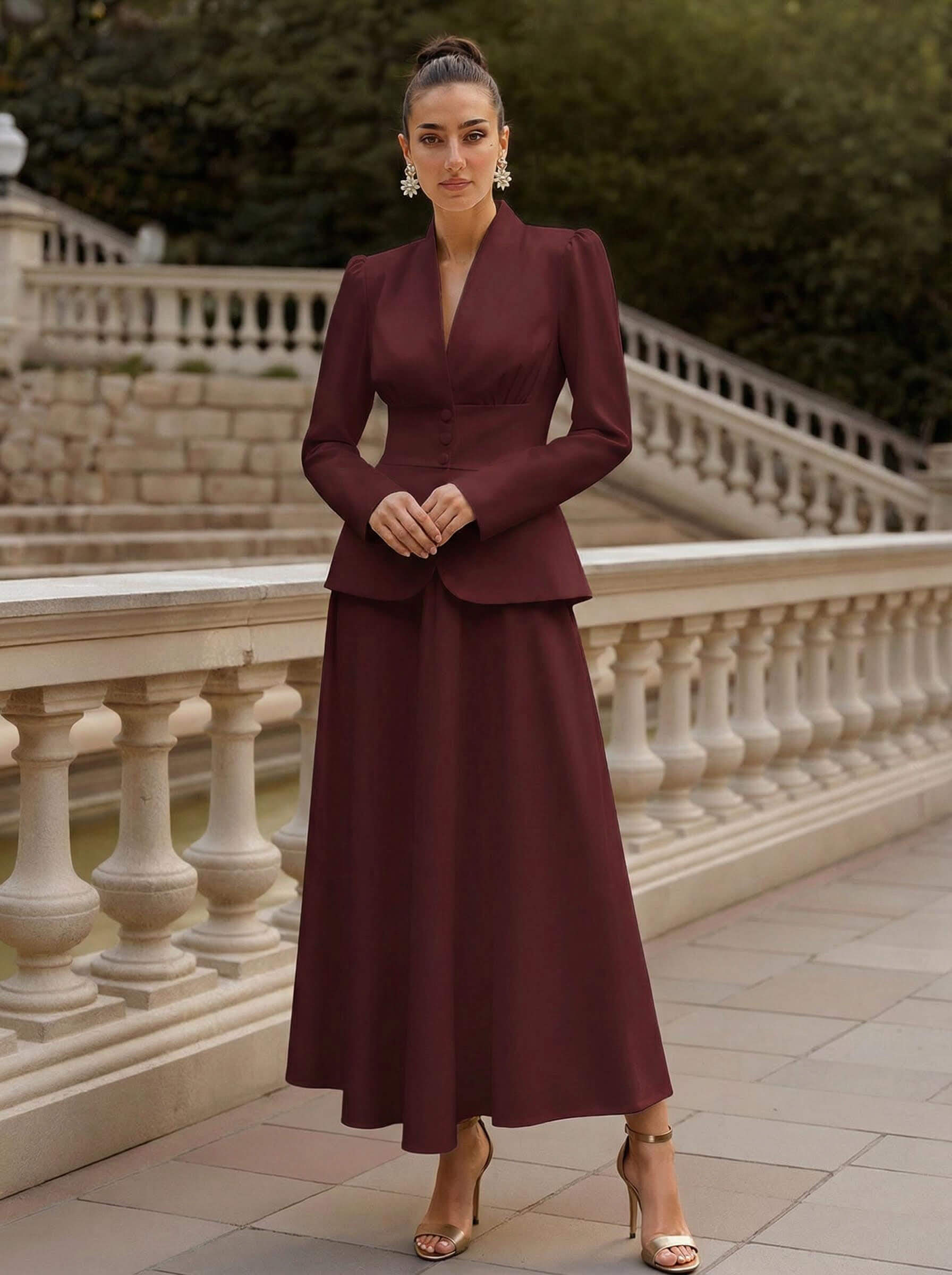 Two Pieces A-Line V-Neck Long Sleeves Ankle-Length Elastic Satin Mother Of The Bride Dresses