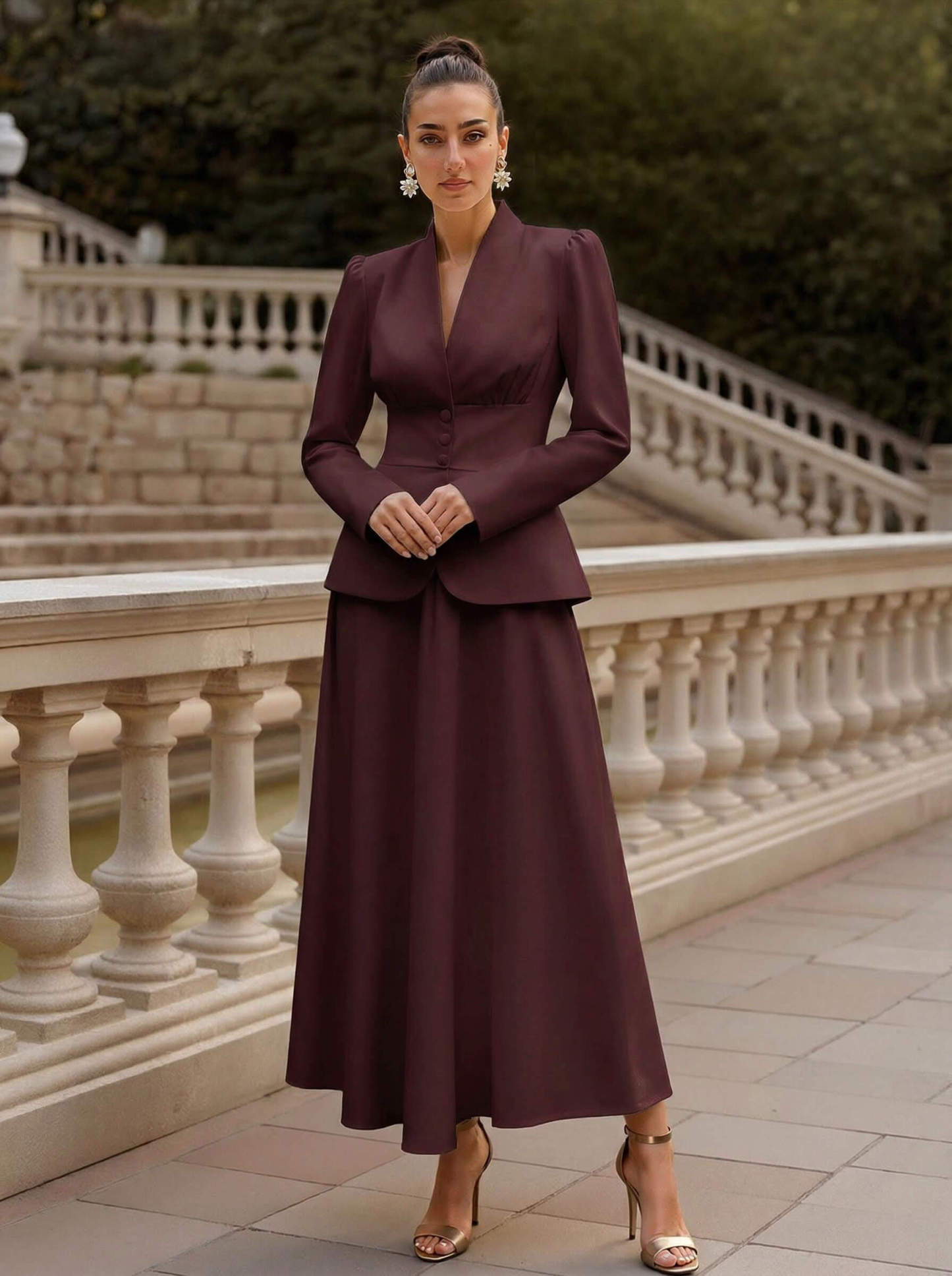 Two Pieces A-Line V-Neck Long Sleeves Ankle-Length Elastic Satin Mother Of The Bride Dresses