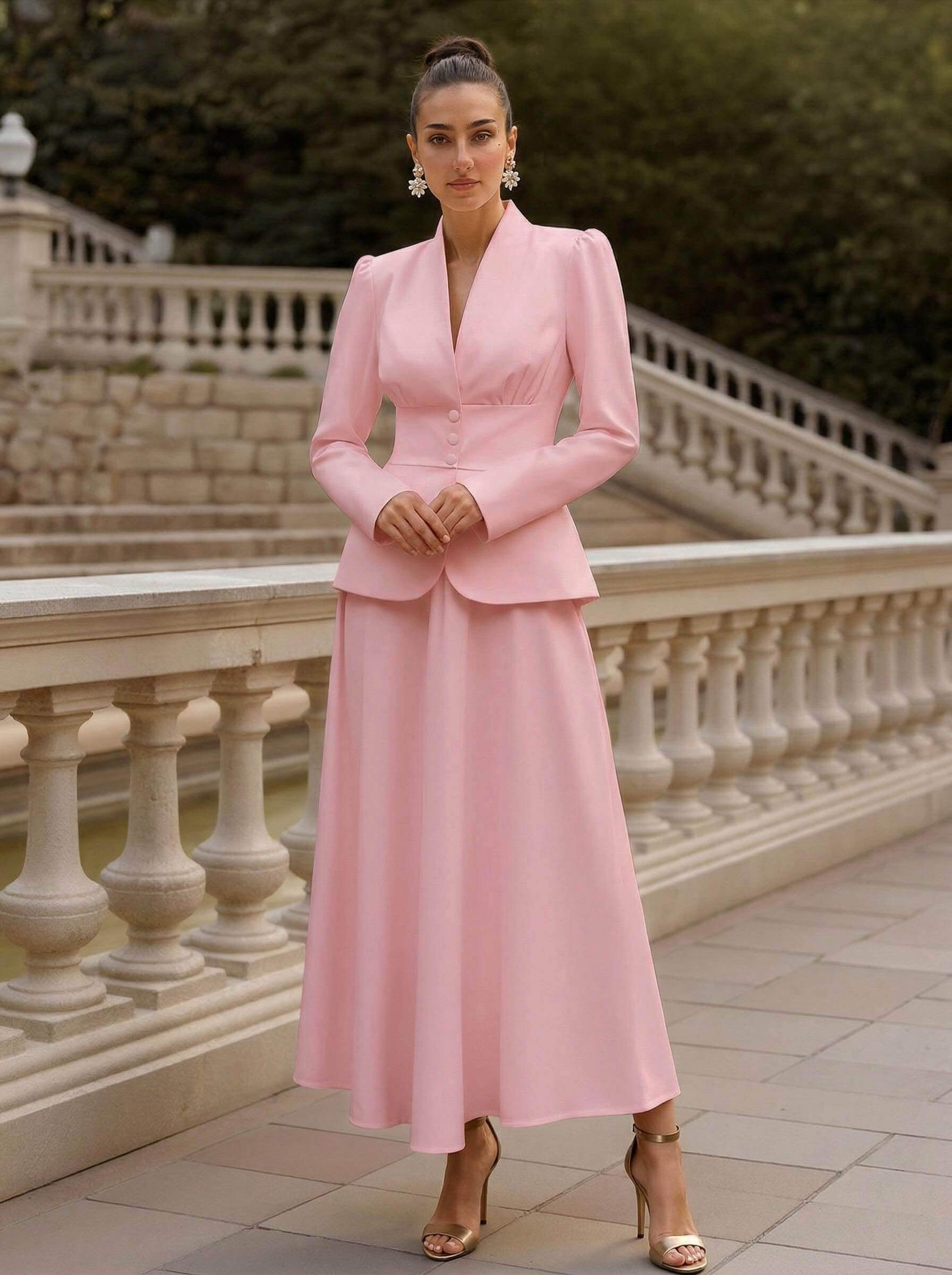 Two Pieces A-Line V-Neck Long Sleeves Ankle-Length Elastic Satin Mother Of The Bride Dresses