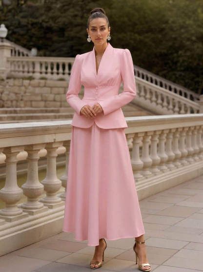 Two Pieces A-Line V-Neck Long Sleeves Ankle-Length Elastic Satin Mother Of The Bride Dresses