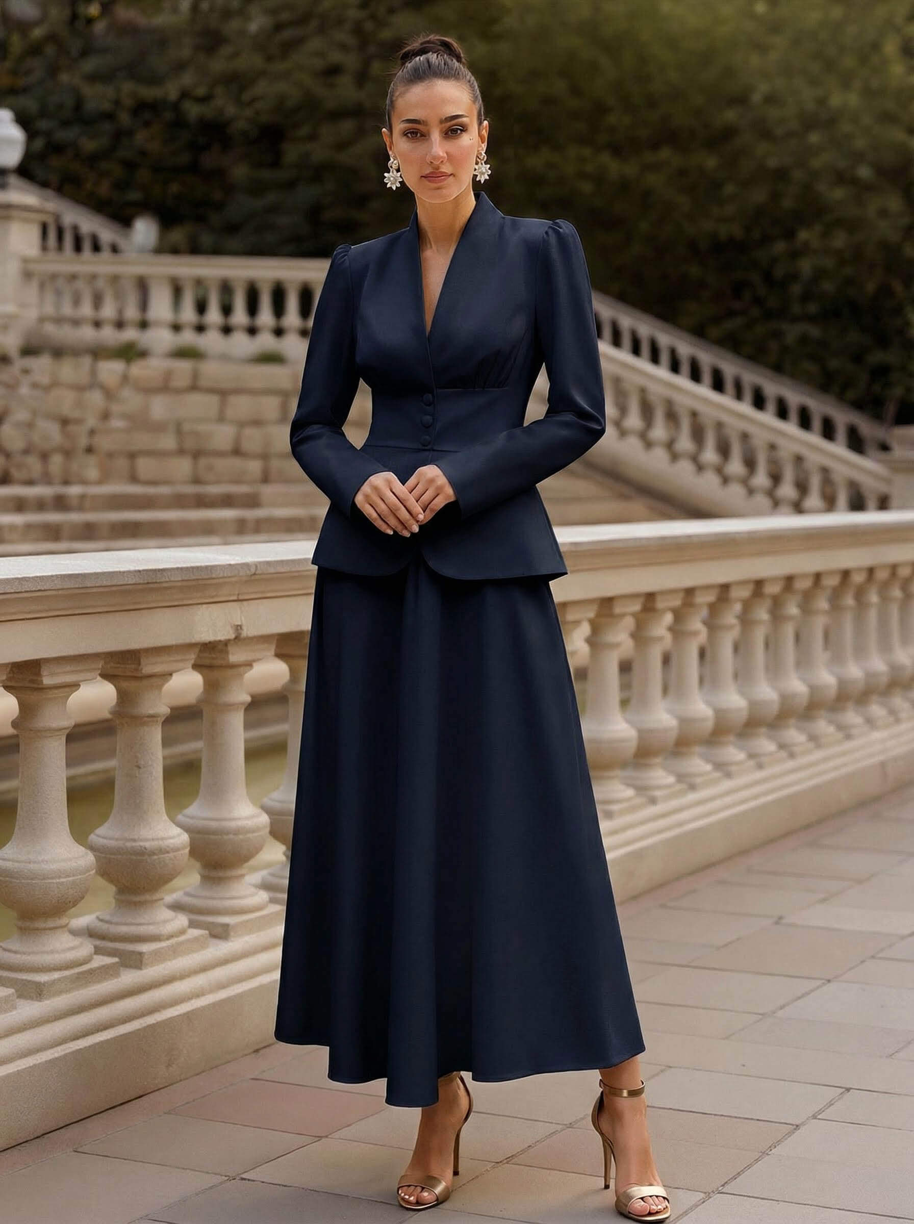 Two Pieces A-Line V-Neck Long Sleeves Ankle-Length Elastic Satin Mother Of The Bride Dresses