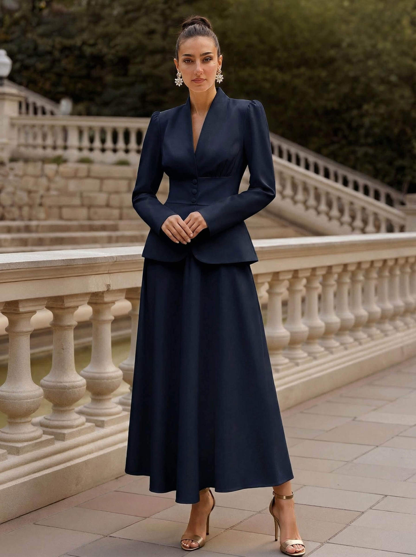 Two Pieces A-Line V-Neck Long Sleeves Ankle-Length Elastic Satin Mother Of The Bride Dresses
