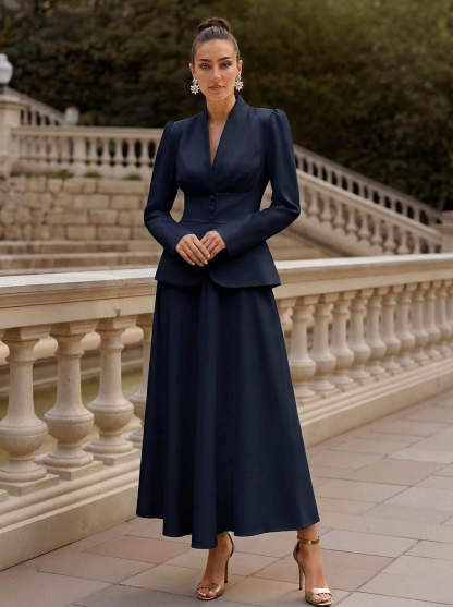Two Pieces A-Line V-Neck Long Sleeves Ankle-Length Elastic Satin Mother Of The Bride Dresses