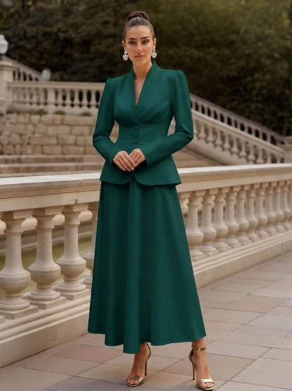 Two Pieces A-Line V-Neck Long Sleeves Ankle-Length Elastic Satin Mother Of The Bride Dresses