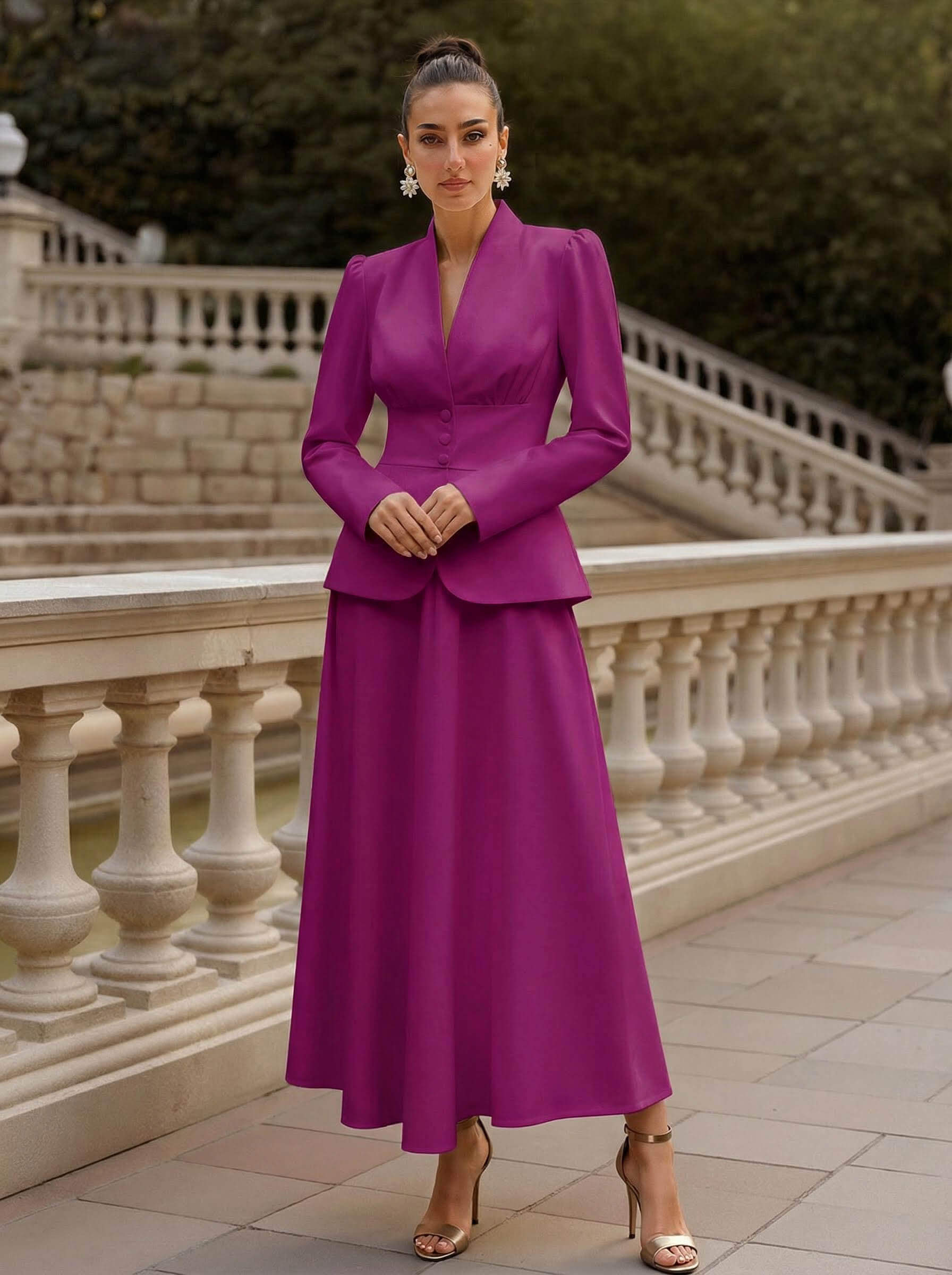 Two Pieces A-Line V-Neck Long Sleeves Ankle-Length Elastic Satin Mother Of The Bride Dresses